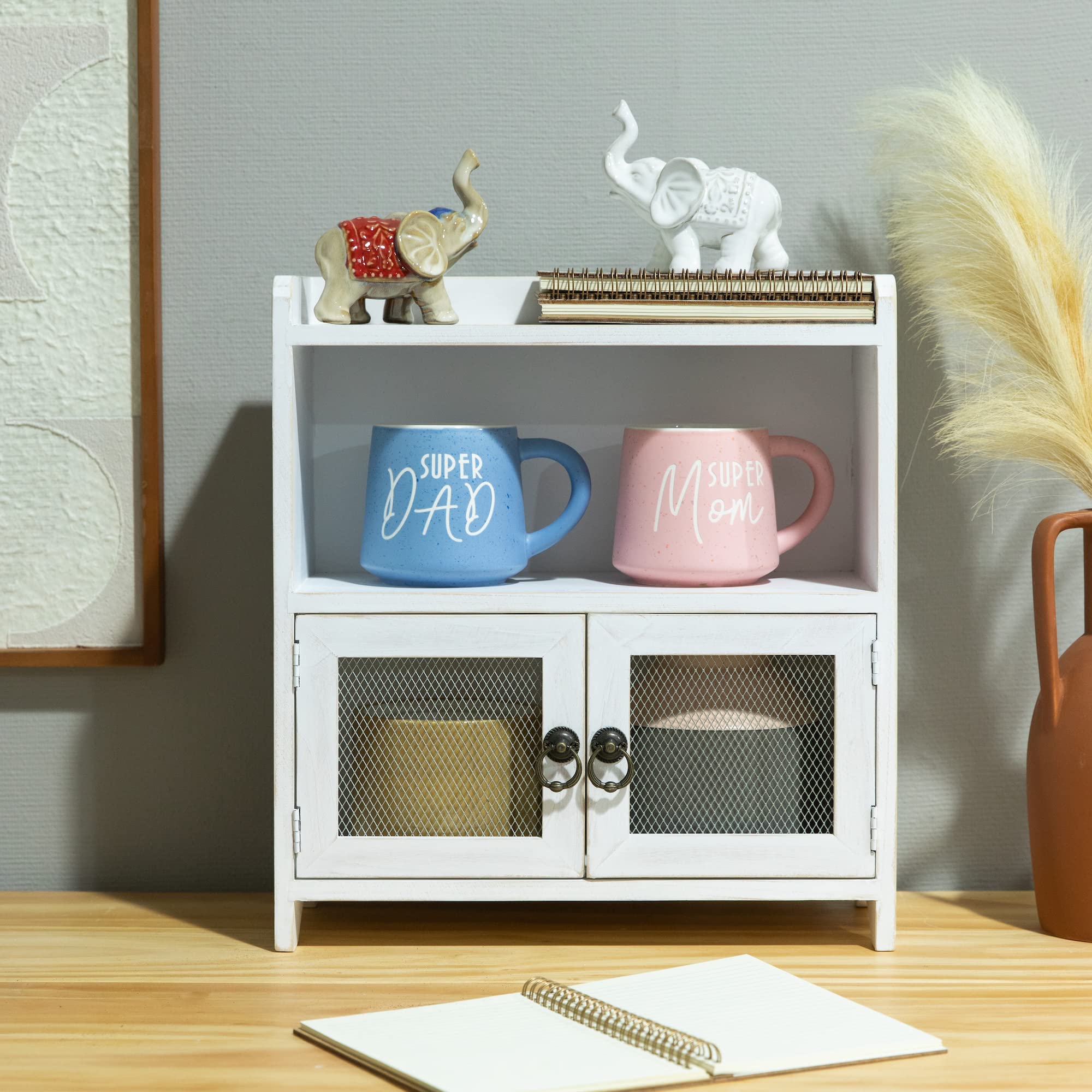 COLLECTIVE HOME - 2 Tiered Storage Cabinet, Countertop Cabinet, Wood Organizer for Kitchen Living Room Bedroom Bathroom Office with Magnetic Door, 15.75 x 14.5 x 6.5, White, 01