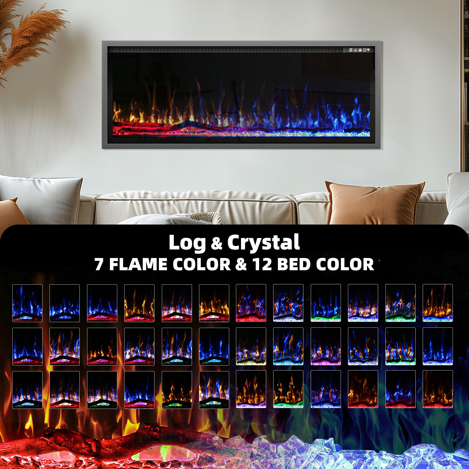 Kucreiheat 50 inch Electric Fireplace Inserts/Wall Mounted, Ultra Narrow Frame Fireplace-Wall Fireplace Electric w/Remote Control, Thermostat, Timer, 750w/1500w (Log & Crystal Included)