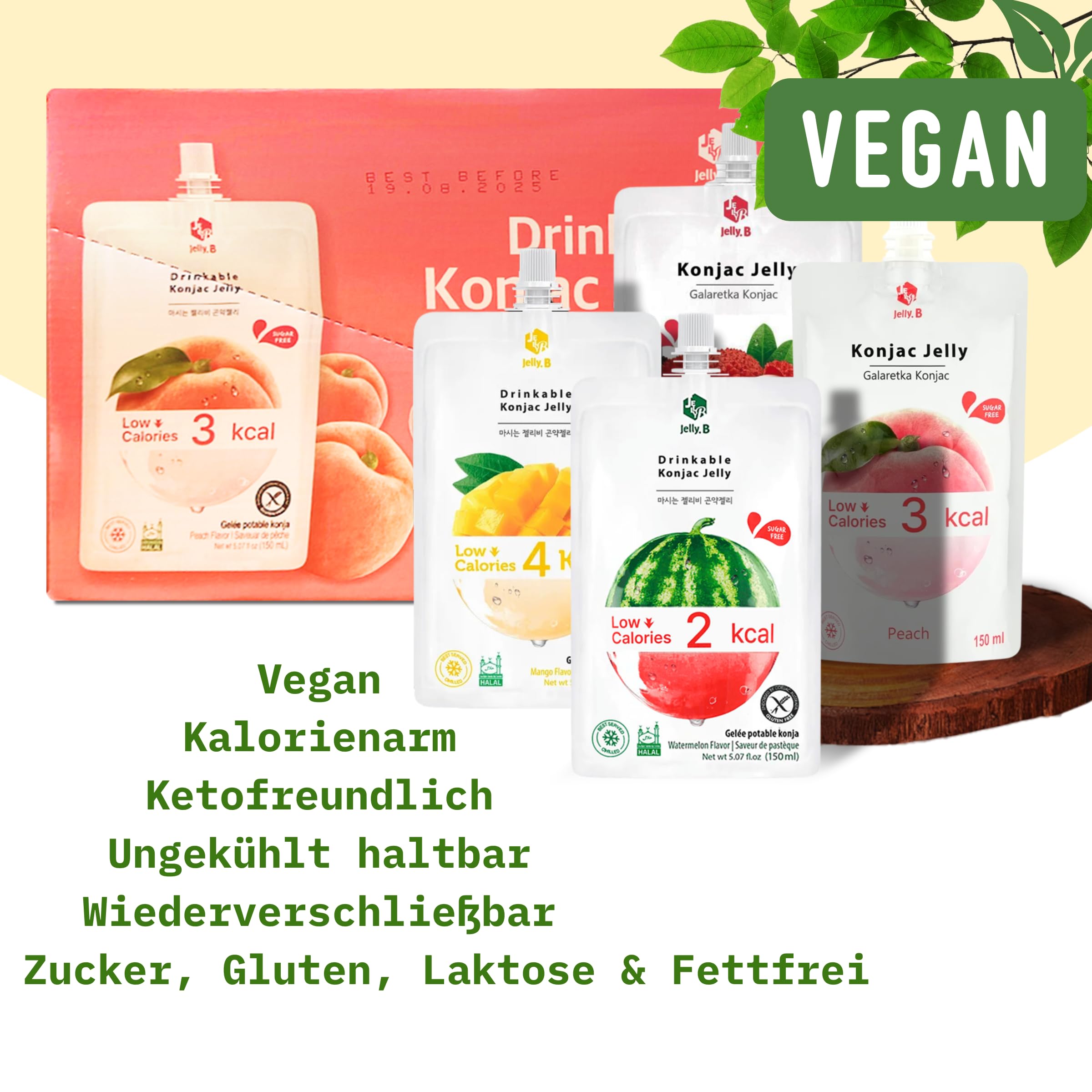 JELLY.B Trinkbares Konjac | 150g x 10er | Kalorienarm, Zuckerfrei, vegan & ballaststoffreich | Gesunder Snack für Diät, Sport & Alltag | Sättigend & Lecker (Pfirsich)