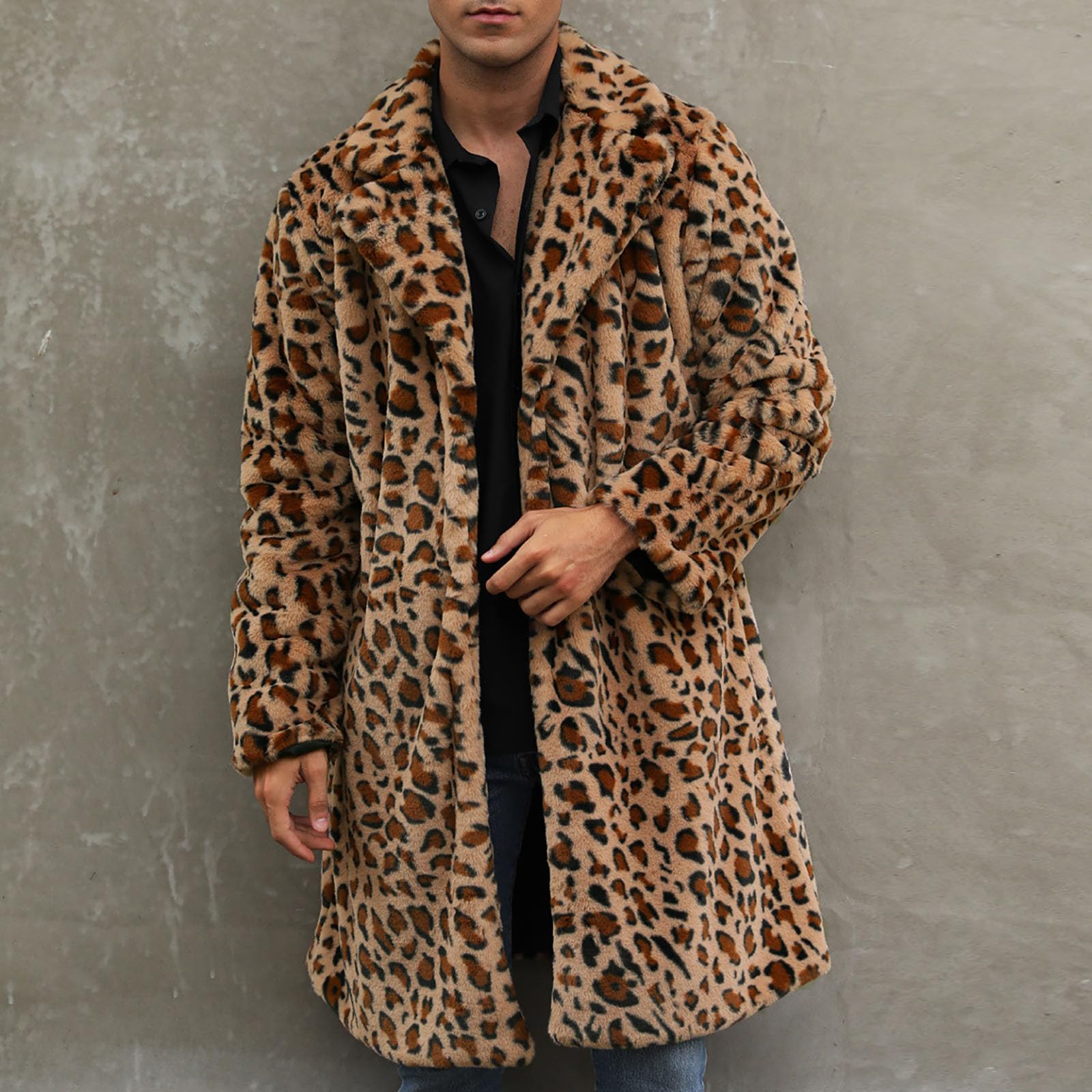 KHIRVWL Herren Pelzmantel Leopard Mantel Elegant Wintermantel Warme Kunstpelz Flauschige Mode Mantel Oversize Wintermantel Faux Fur Flauschige Fellmantel Kunstpelzmantel Lang