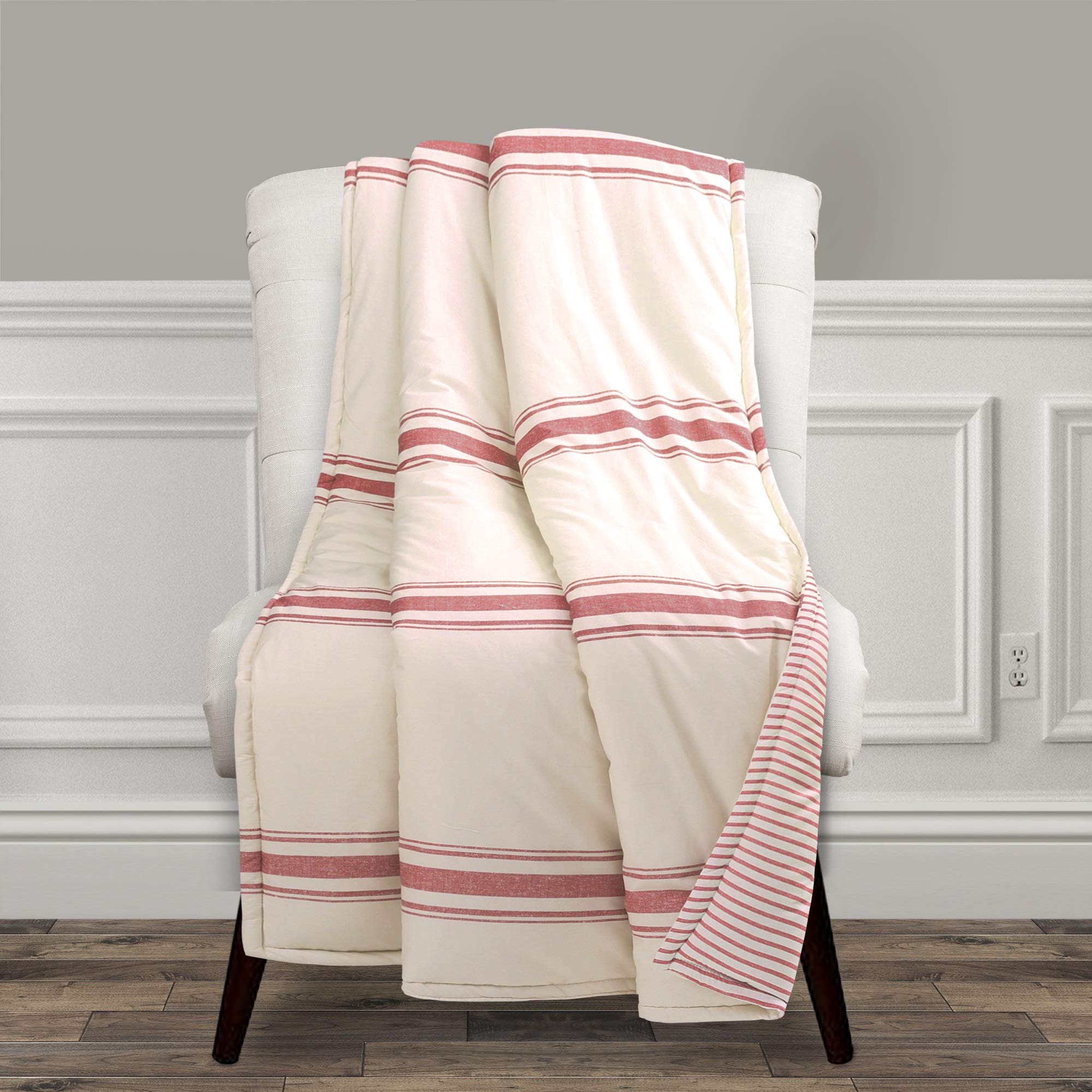 Farmhouse Stripe Reversible Throw, Single, 50" W x 60" L, Red - Classic Modern Rustic Charm - Cozy Soft Single Pinstripe Print Blanket