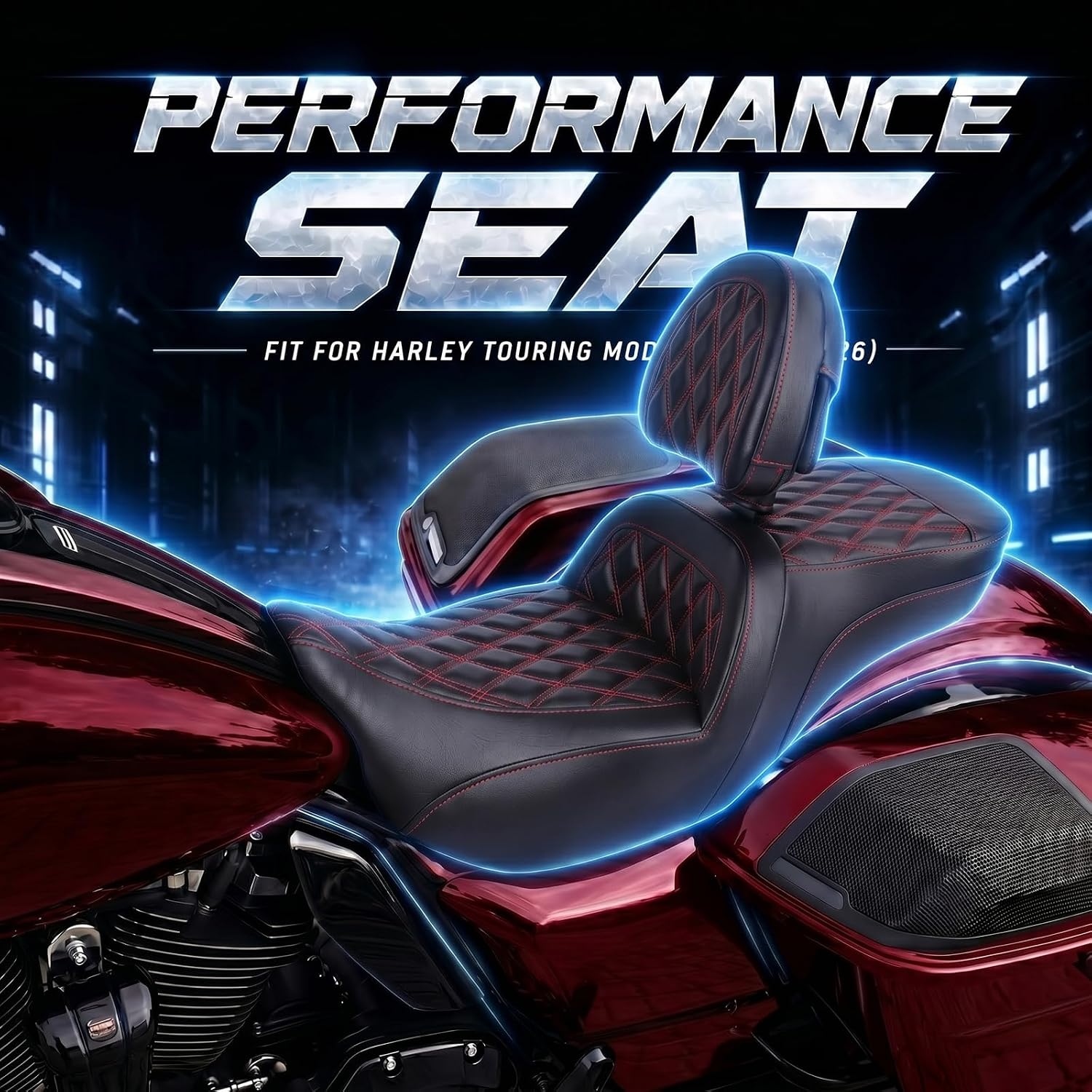 Low-Profile Rider Passenger Seat, Gel Seat with Adjustable Driver Backrest for Harley Touring Road Glide/Street Glide 2024-2026, CVO Road Glide/CVO Street Glide 2023.5-2026 (Red Rhombus)