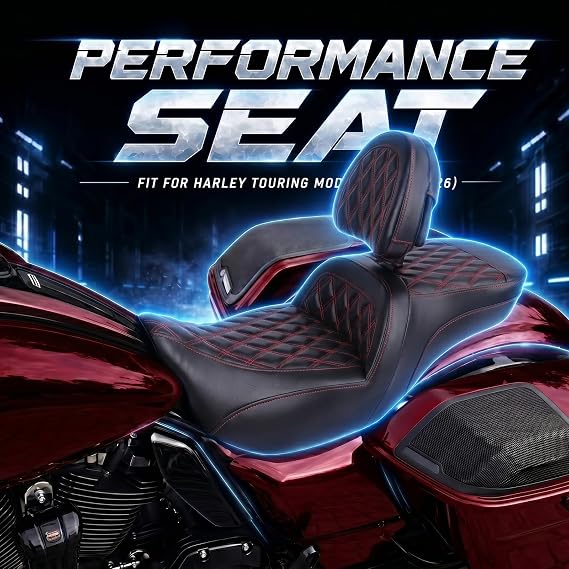 Low-Profile Rider Passenger Seat, Gel Seat with Adjustable Driver Backrest for Harley Touring Road Glide/Street Glide 2024-2026, CVO Road Glide/CVO Street Glide 2023.5-2026 (Red Rhombus)