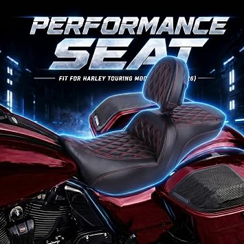 Low-Profile Rider Passenger Seat, Gel Seat with Adjustable Driver Backrest for Harley Touring Road Glide/Street Glide 2024-2026, CVO Road Glide/CVO Street Glide 2023.5-2026 (Red Rhombus)