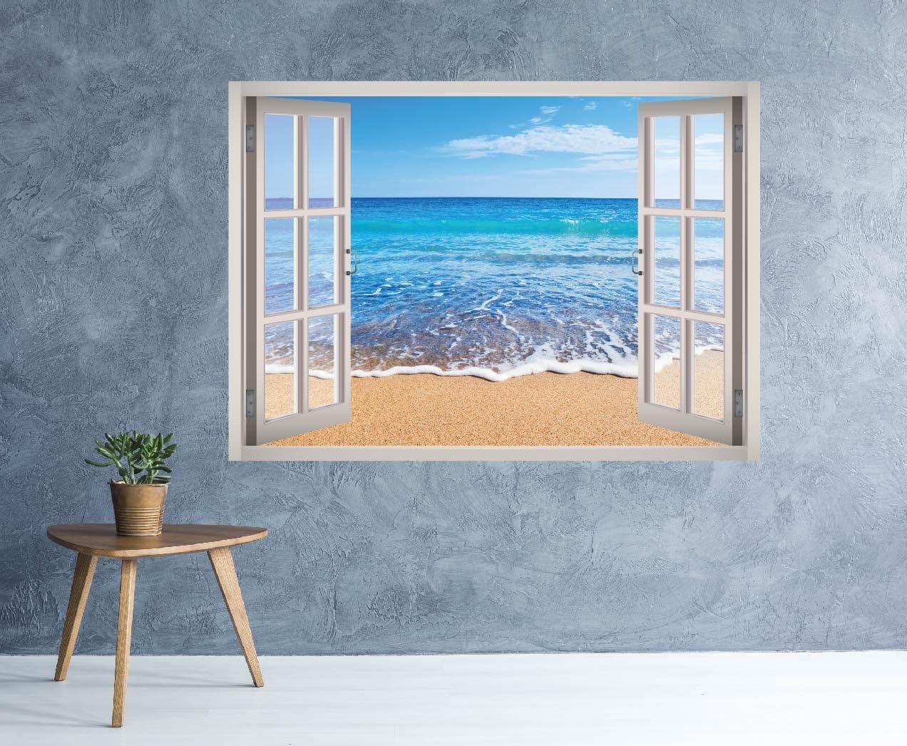 Island Beach View Window 3D Wall Decal Art Removable Wallpaper Mural Sticker Vinyl Home Decor West Mountain™ W07 (Medium (32''W x 23''H))