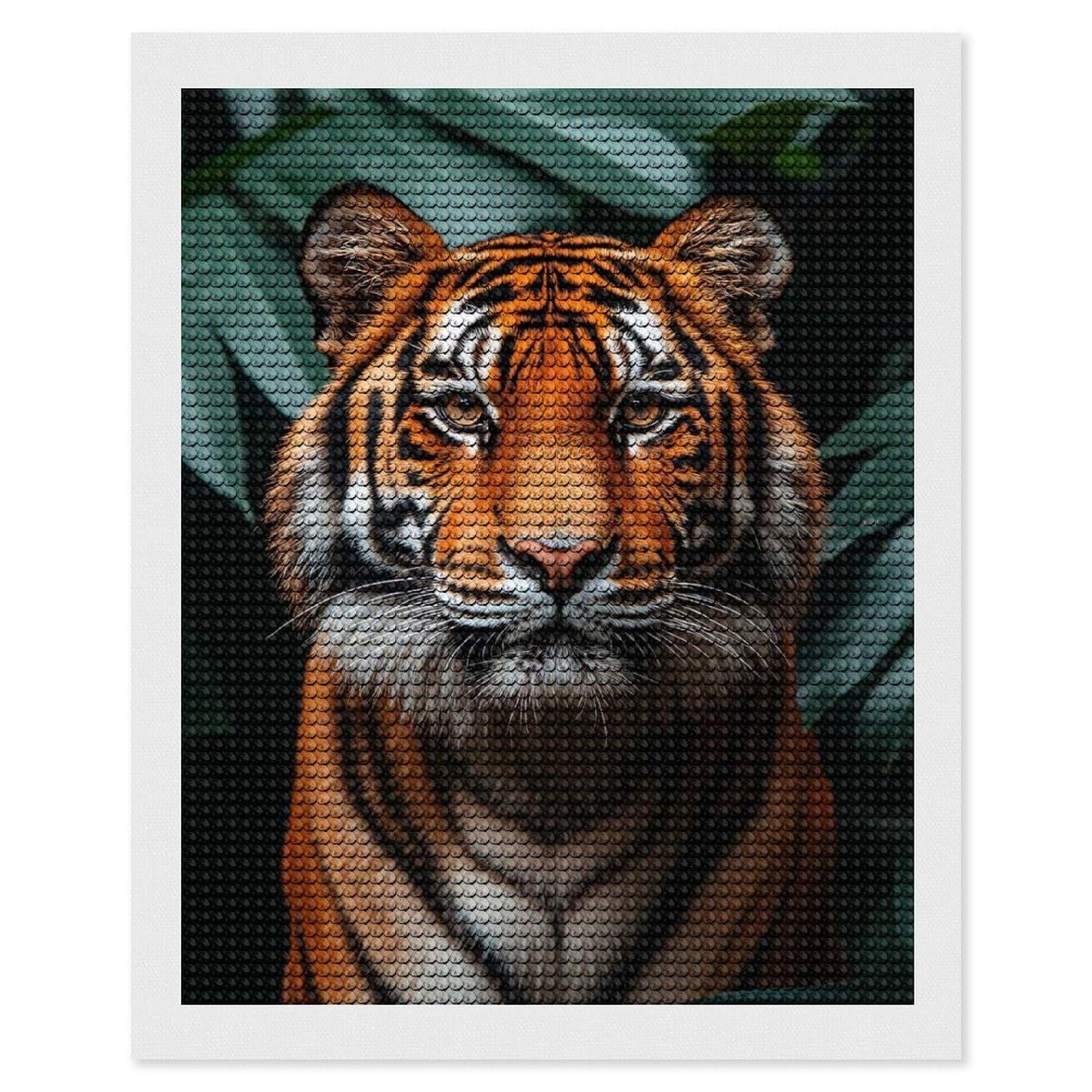 Junmoney Majestic Tiger Portrait in Lush Foliage Diamond Art Kit 16"x20", Bedroom Decor, Adhesive Canvas, Full Kit Included, Thoughtful Present, Birthday Gift
