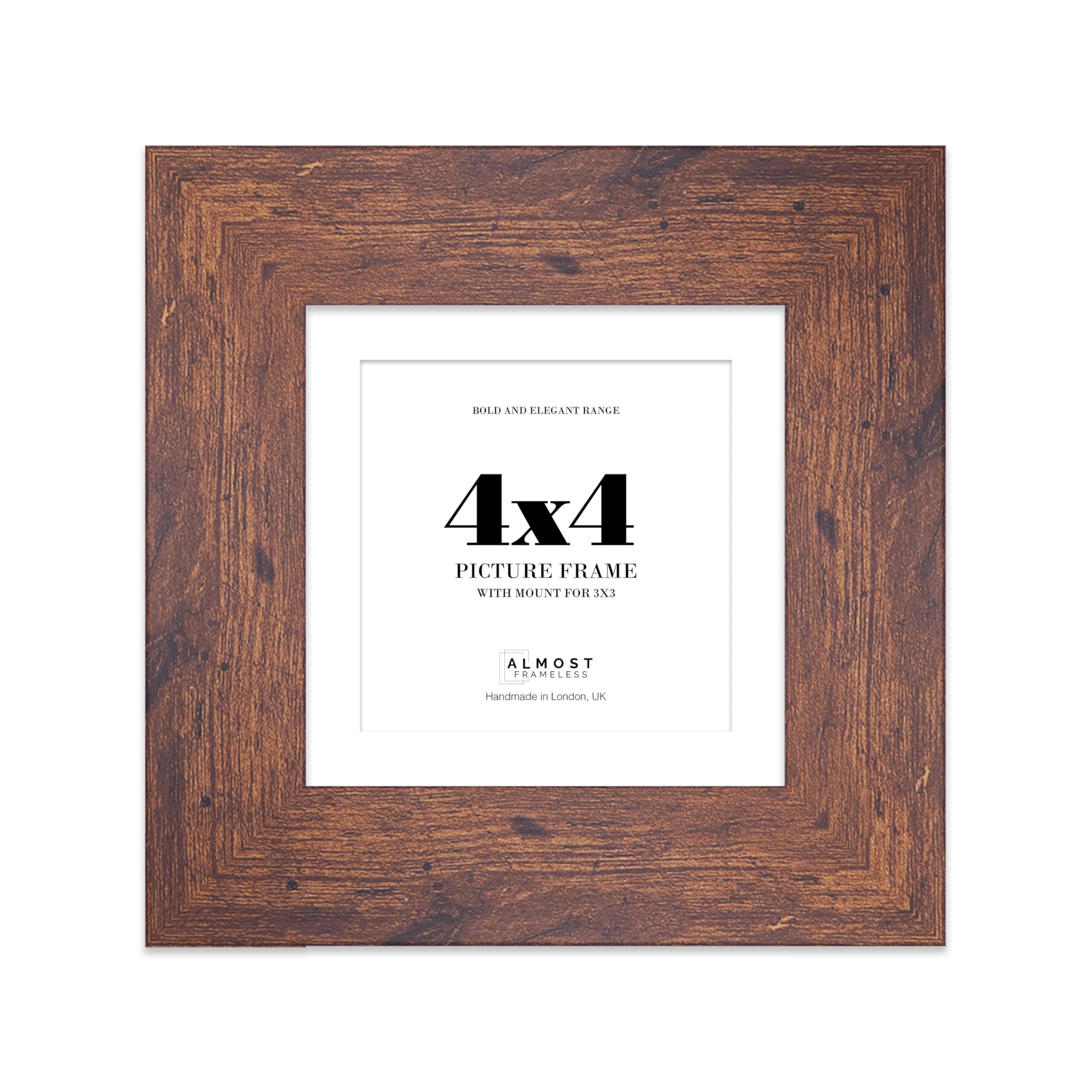 4x4 Rustic Wood Square Frame With Mount for 3x3 Pictures 28mm Edge Frame Display with Wall Hooks and Kickstand, 1 Pack