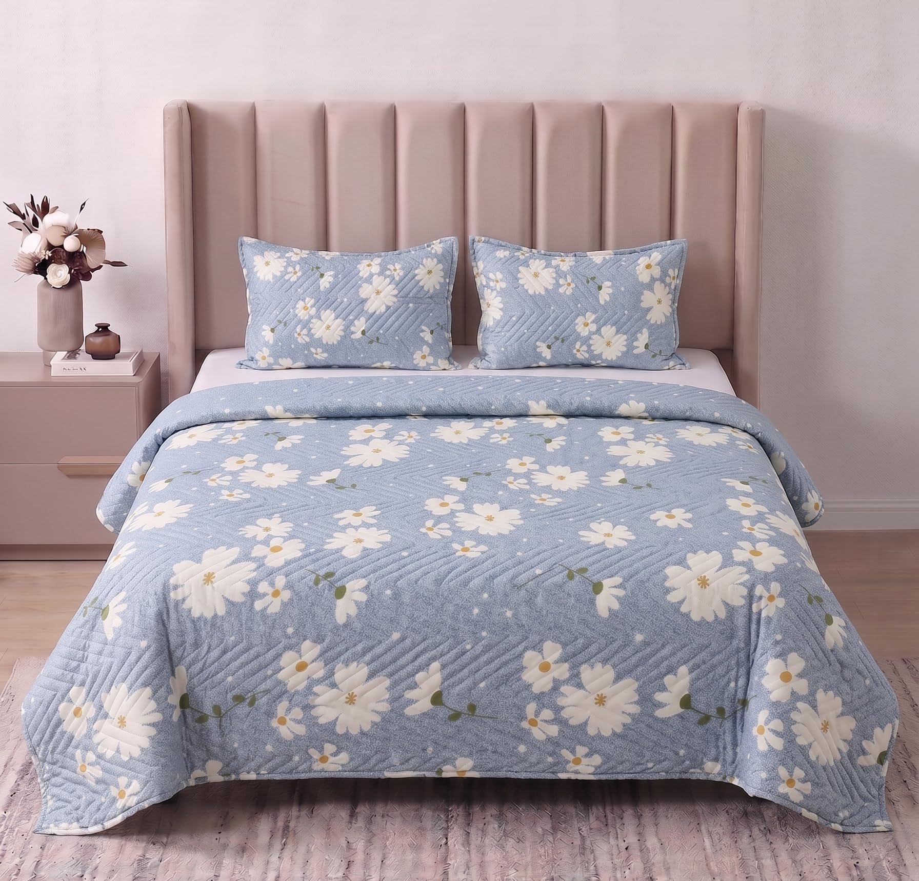 Furnistitchs Premium Microfiber Quilted Bedcover King Size Double Bed (90x100 Inches) | Luxury Bedspread & Heavy Sheet with 2 Pillow Covers | All-Season Comforter Blanket for Gifting - Sky Blue Floral-picture-18