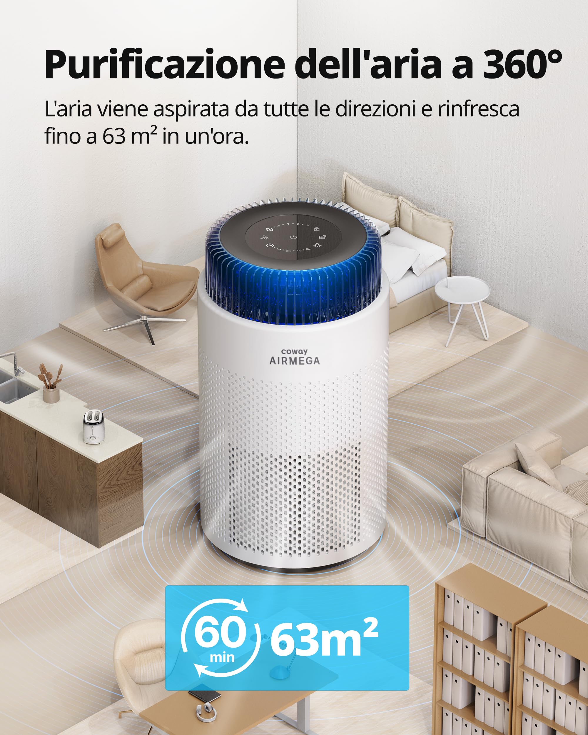 COWAY Air Purifier for Bedroom, Ultra-Quiet 20dB, HyperCaptive System, Removes 99.999% of Particles up to 0.01 Microns, CADR 244m³/h, Ideal for Allergies and Pollen – AIRMEGA 100