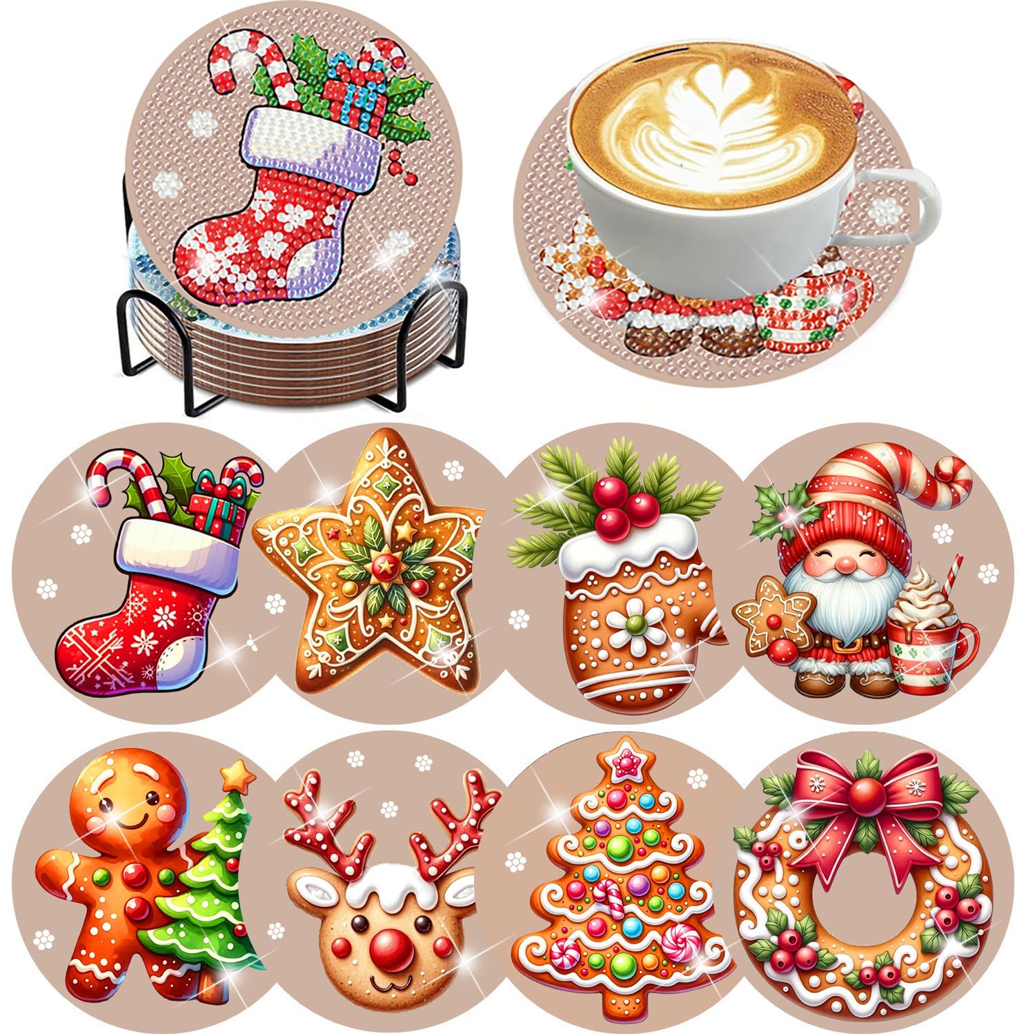 Photo 1 of ijbnhd Christmas Diamond Painting Coasters Kits, 8 Pieces Gingerbread Snowman Diamond Art Coasters with Holder, DIY Art kit for Beginners 4X4inch (Cork Wooden Pad)