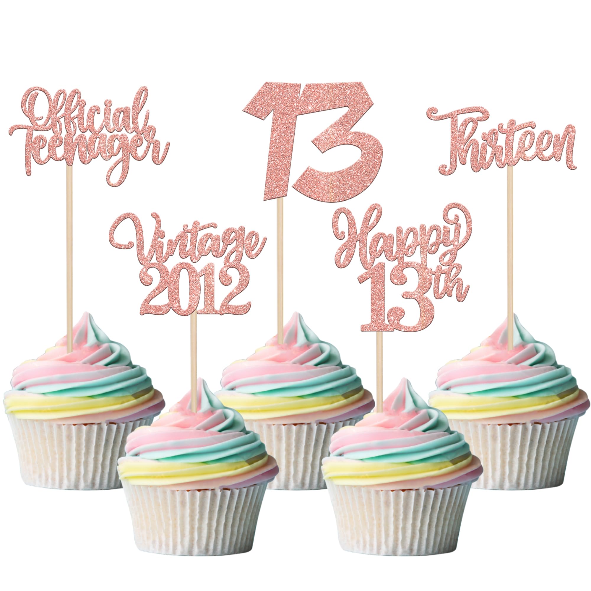Rsstarxi 30 Pack Vintage 2012 Cupcake Toppers Glitter Thirteen 13 Fabulous Cheers to 13 Years Cupcake Picks for Happy 13th Birthday Wedding