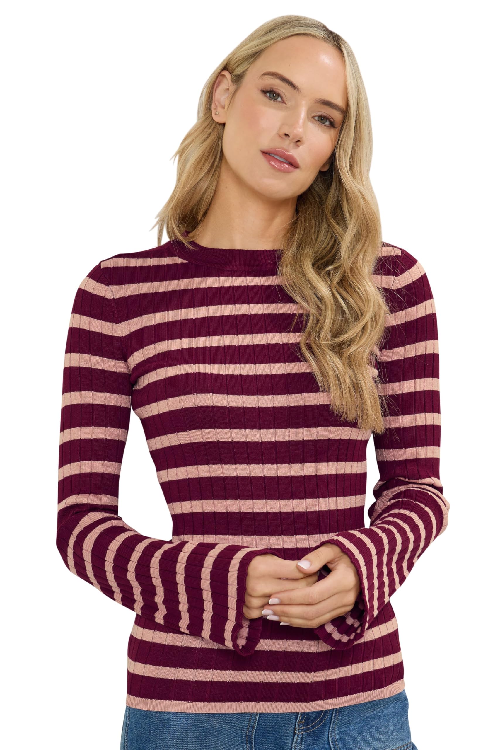 Long Tall Sally - LTS Tall Burgundy Striped Ribbed Jumper - Women's