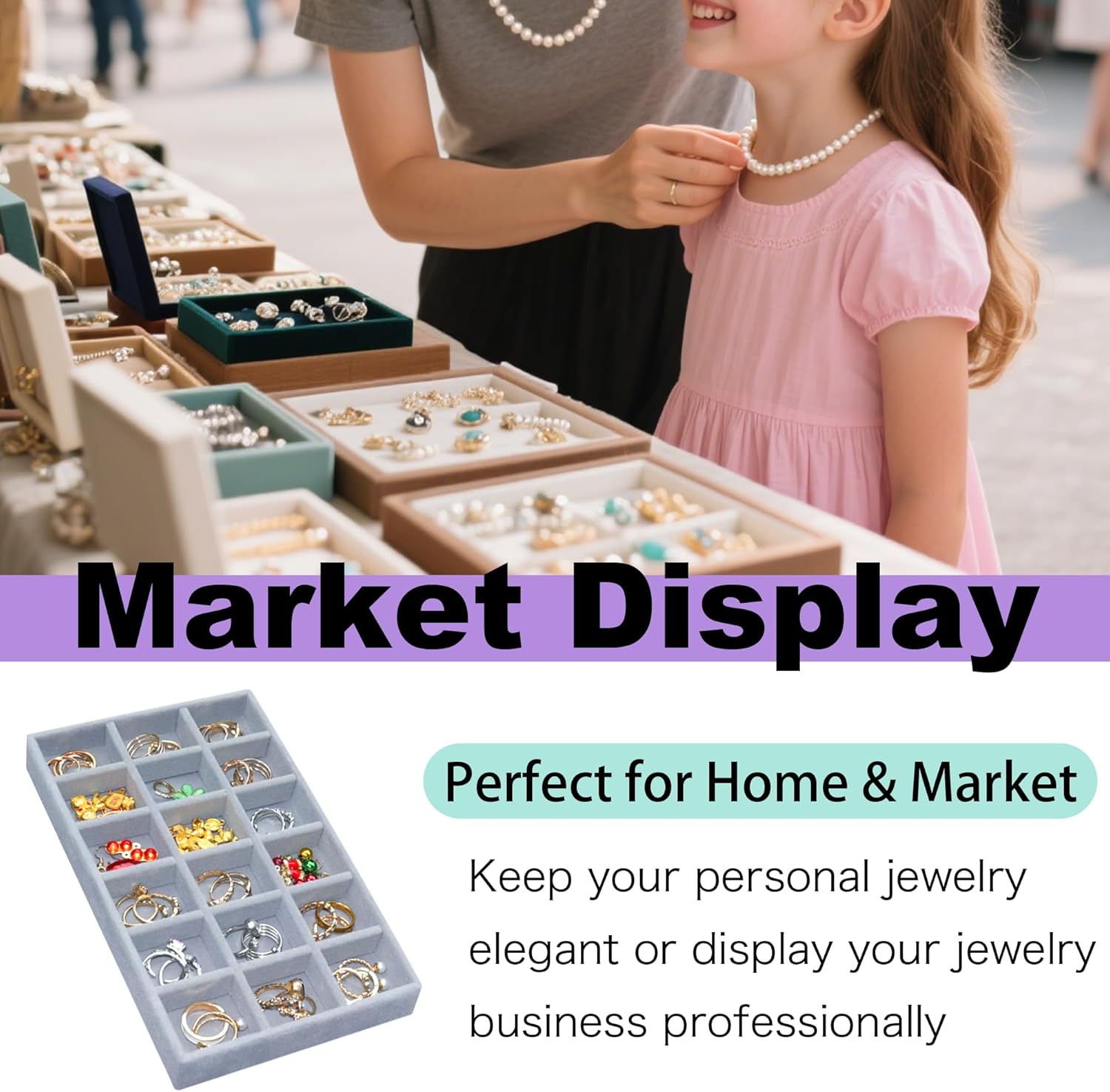 12 Pack Jewelry Tray for Drawer Velvet Earring Organizer Stackable Jewelrys Ring Organizer Divided Display Tray 216 Grids, Grey