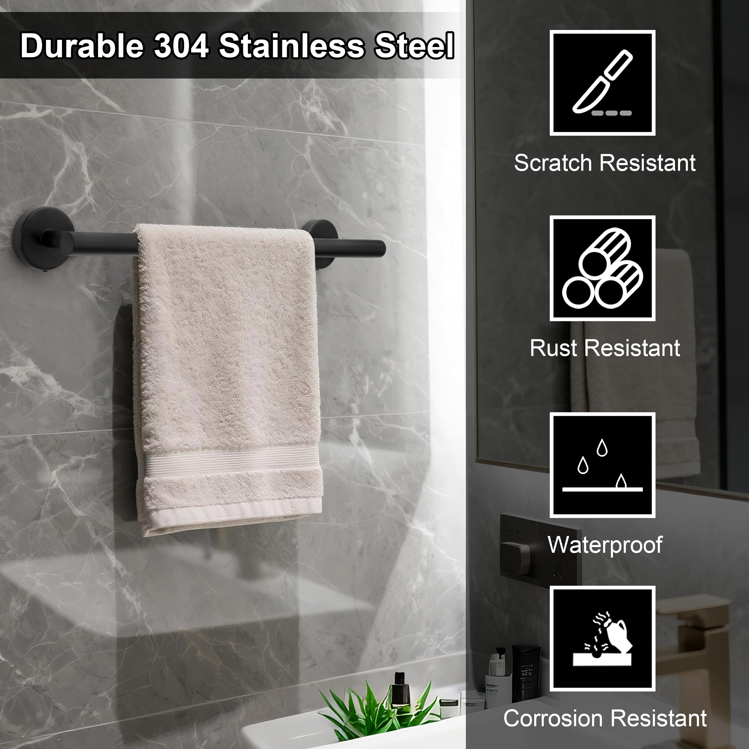 Juego de Toallero de Baño Juego de Herrajes de Baño de Acero Inoxidable Ganchos para Bata para Baño y Cocina 5 Piezas (Negro)