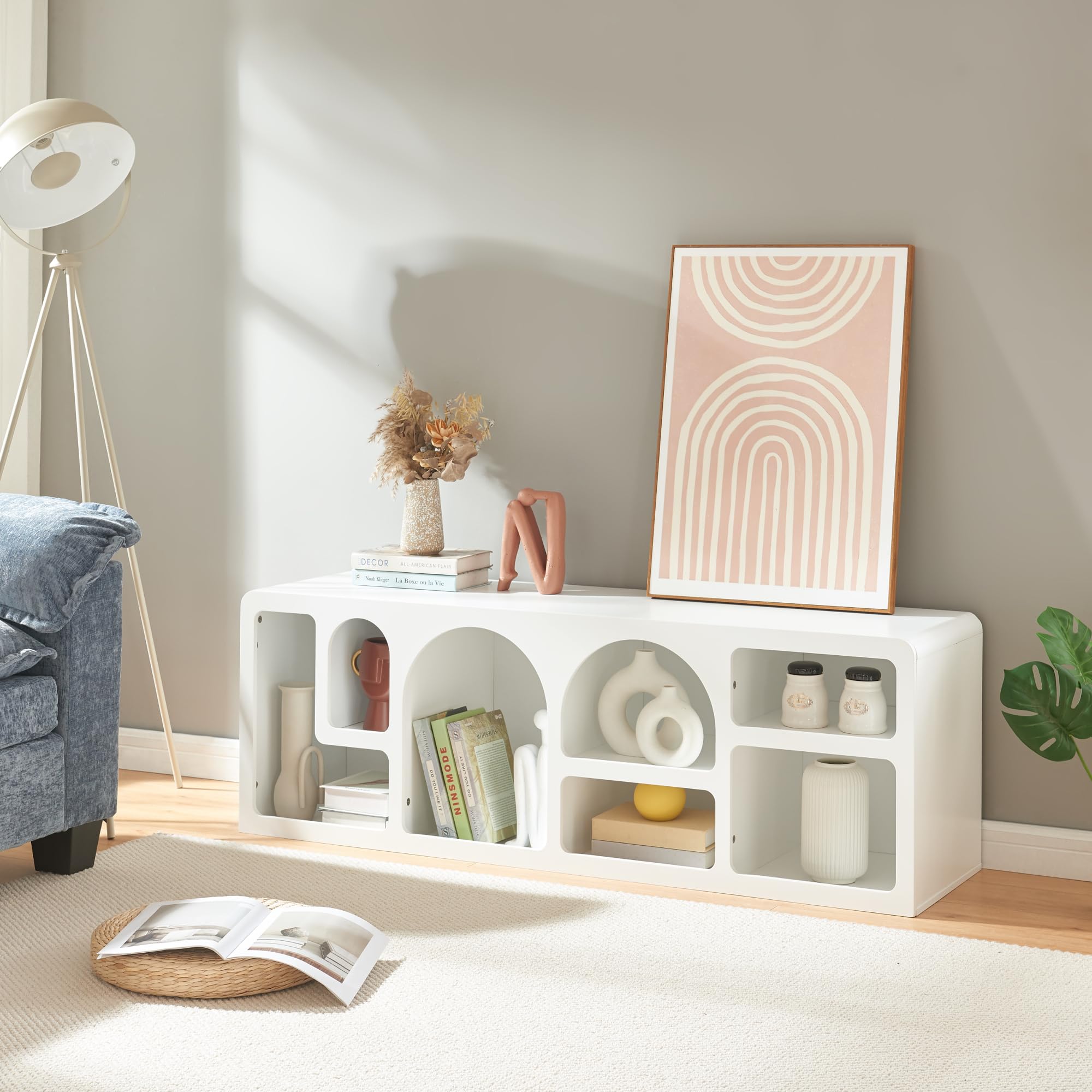 [en.casa] Mobiletto TV Tavolino Porta TV con 7 Scomparti da Forme Geometriche Mobile Basso per Soggiorno Stand TV e Centri Multimediali 140 x 40 x 48 cm Bianco