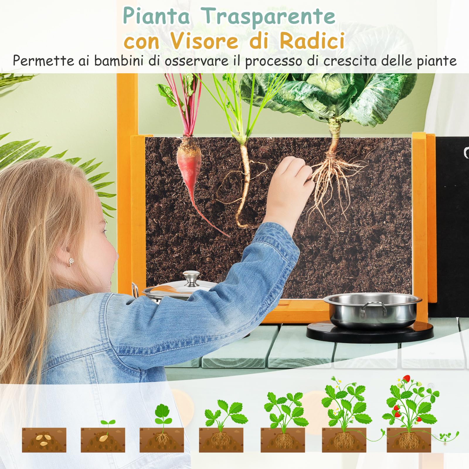 COSTWAY Cucina Giocattolo per Giardino con Vaso da Piantinaggio Trasparente, Rubinetto e Lavandino Rimovibile, Cucina in Legno di Abete per Bambini, Set Cucina con 8 Accessori (Verde e Arancio)