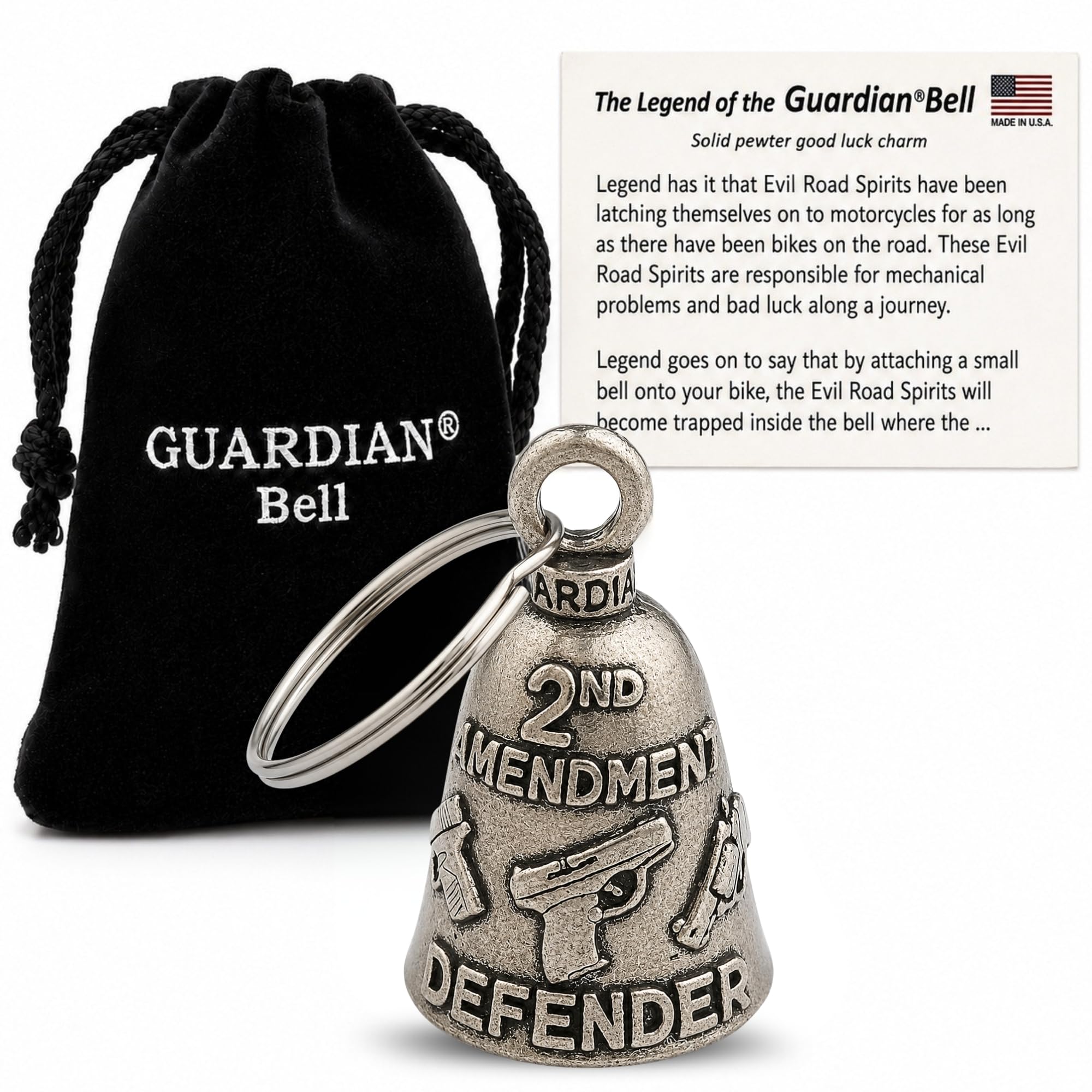 Guardian Bell 2nd Amendment Defender Good Luck Bell w/Keyring &amp; Black Velvet Gift Bag | Motorcycle Bell | Lead-Free Pewter | Good Luck Gift to Friends &amp; Family | Bike Bell | Made in USA