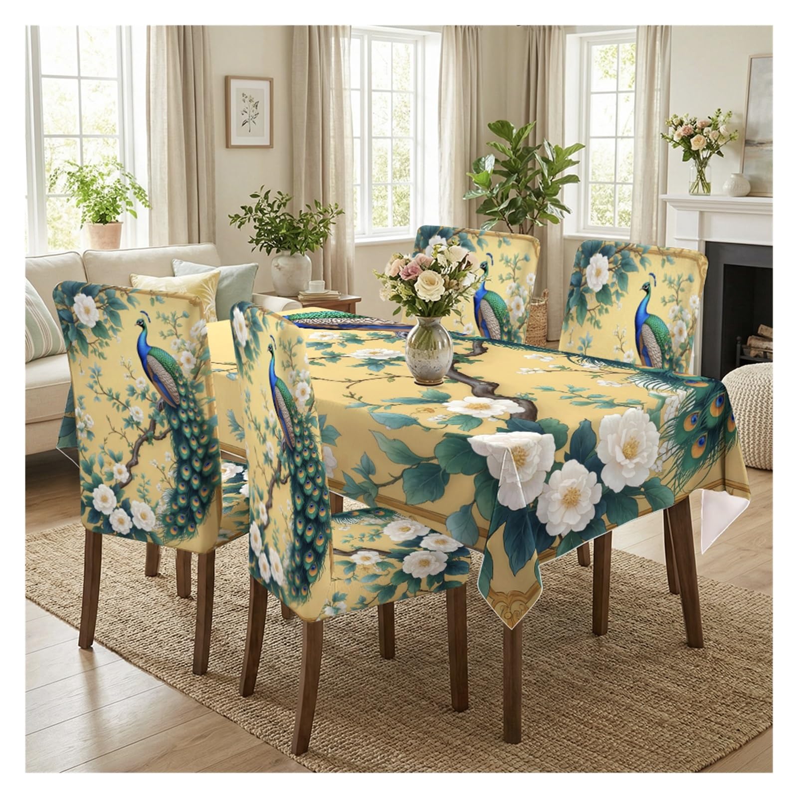 KXUAUV Stretch Dining Chair Slipcovers And Tablecloth Set, Peacock Floral Print, 5/7 Pack For Dining Room Elegant Home Decor Party Decor(5pcs Set: Tablecloth+Chair Covers)