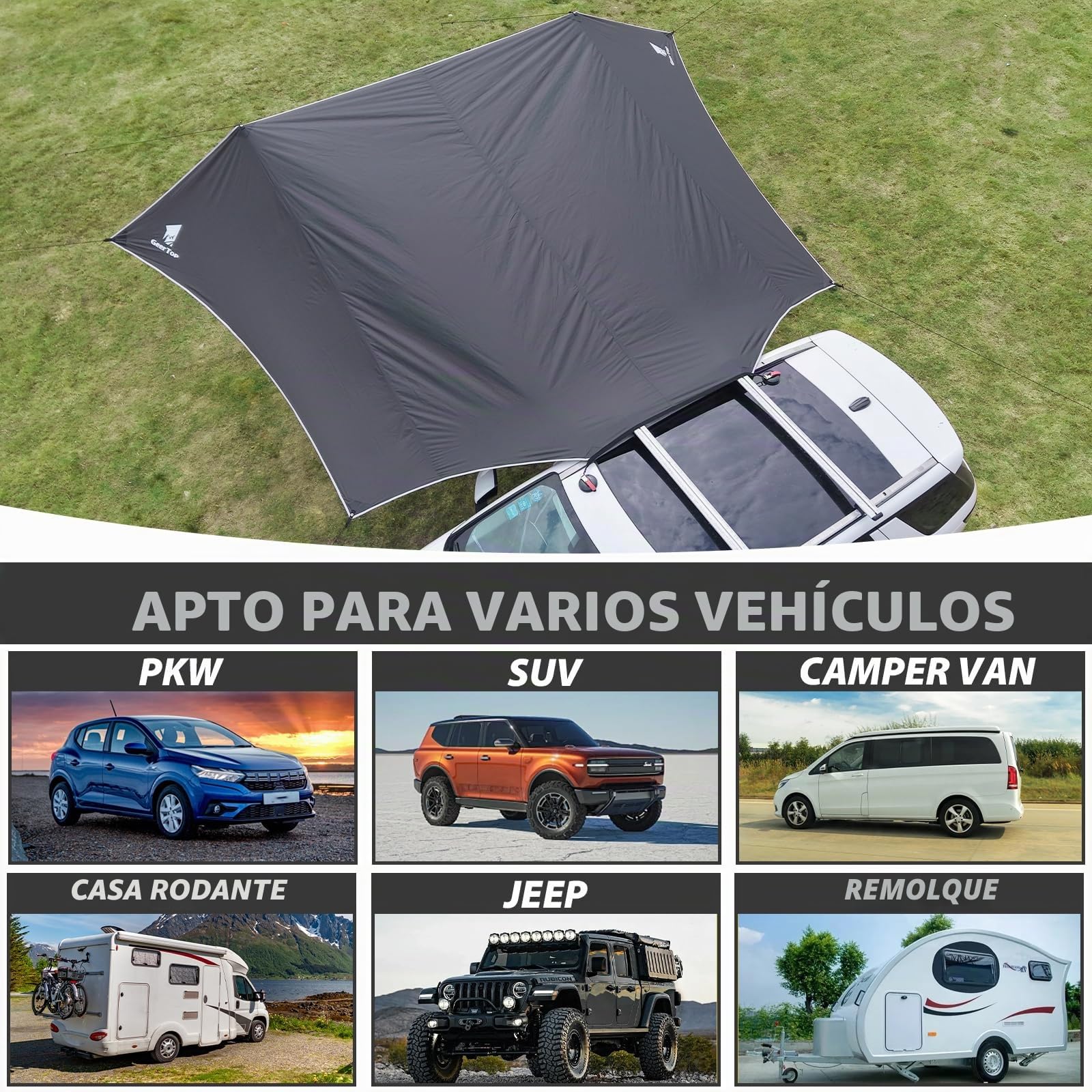 GEERTOP Toldo de 3,5 x 5,8 m, resistente al agua de 3000 mm, con 2 barras, toldo impermeable para coche, camping, SUV, MPV, autocaravana (gris)