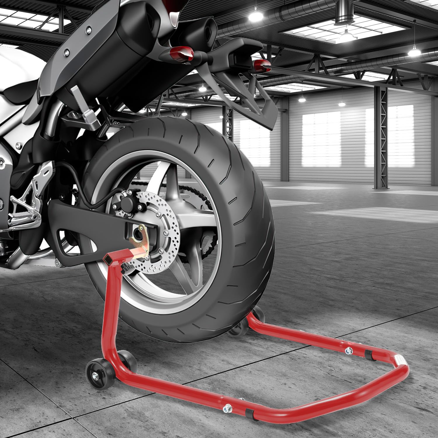 Béquille de moto arrière avec double roulettes, largeur réglable, travaux de montage pour motos jusqu'à 300 kg, stabilité (rouge)