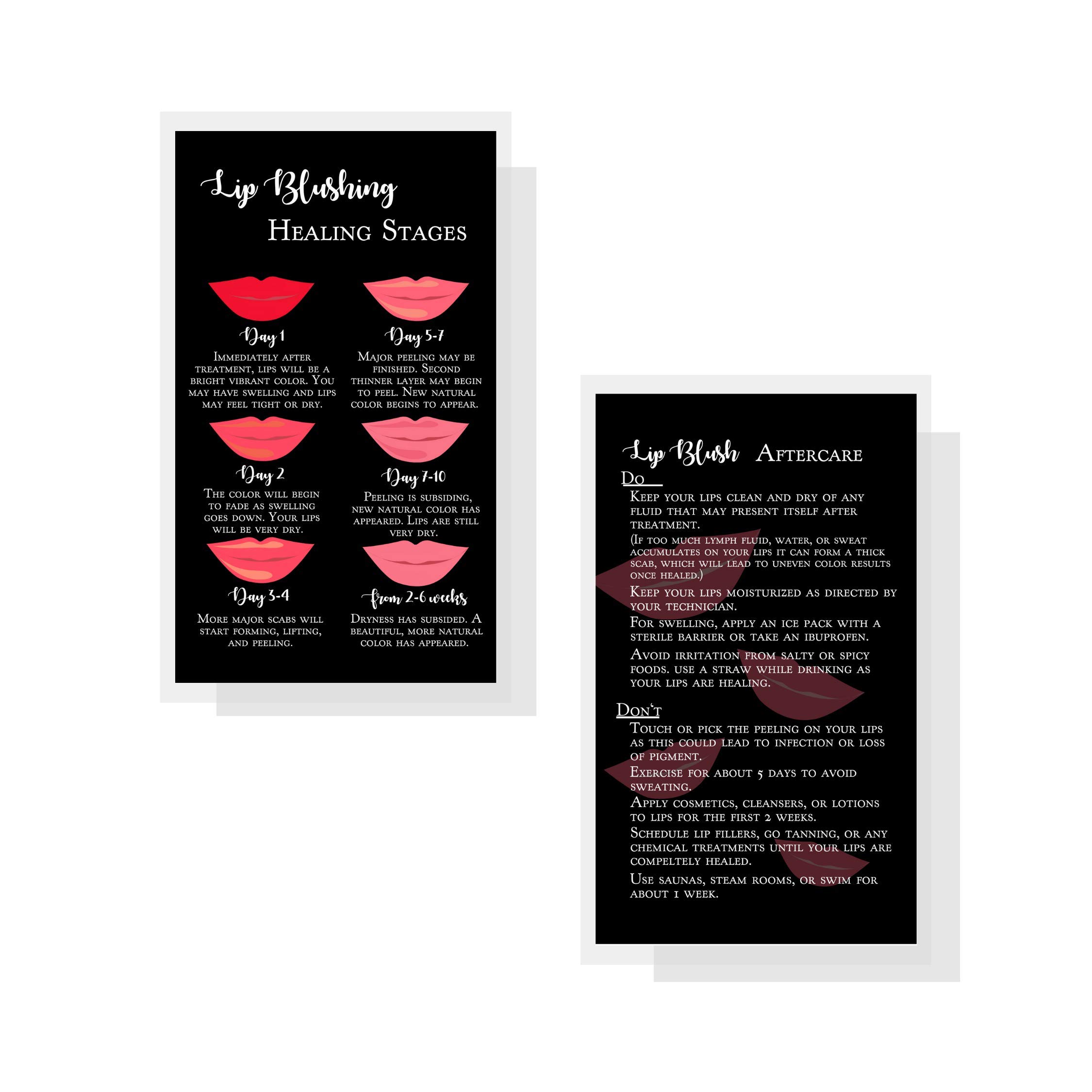 Tarjetas de instrucciones de curación y cuidado posterior del rubor de labios | Paquete de 50 | Tarjeta de visita de doble cara de 2 x 3.5 pulgadas | Negro con diseño de labios rojos