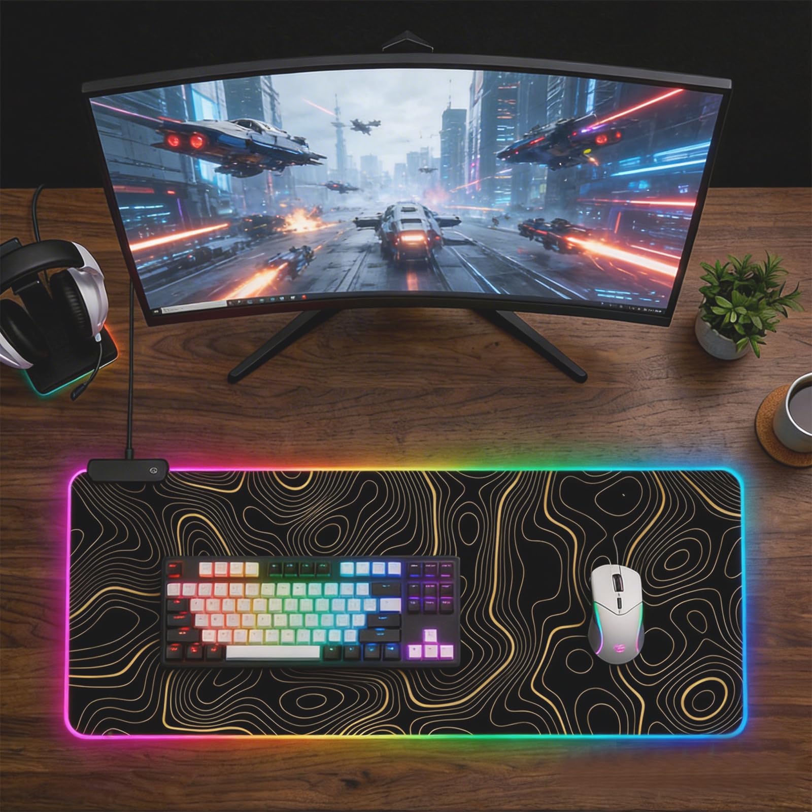 Grand tapis de souris de jeu topographique LED RVB – Grand tapis de bureau avec motif de carte des contours, base en caoutchouc antidérapant et bords cousus pour PC et ordinateur portable (noir avec
