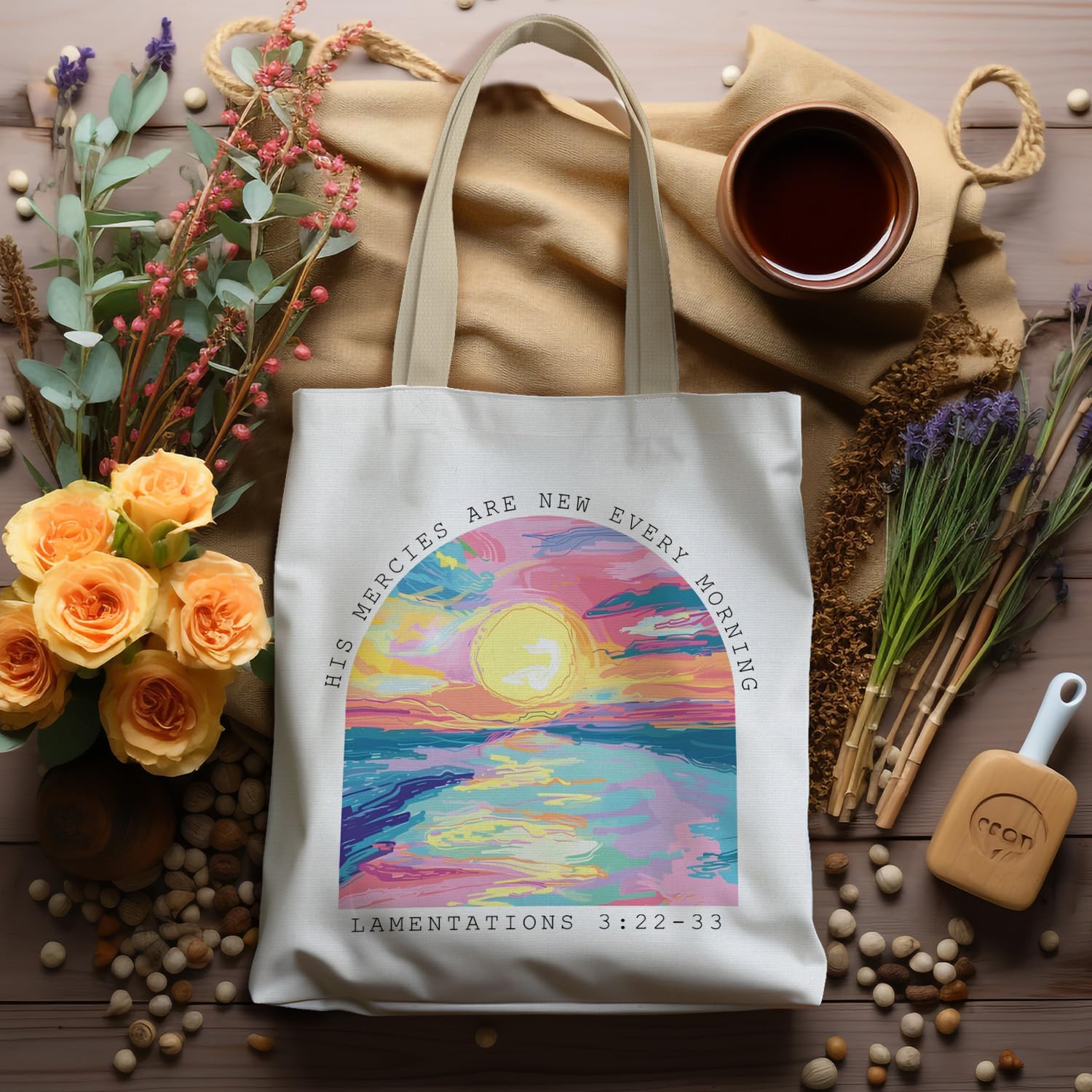 Watercolor Boho Christian Tote Bag, Gifts for Women, His Mercies Are New Every Morning Canvas Bags, Bible Verse Gifts, Reusable Grocery and Shopping Bags - Image 4