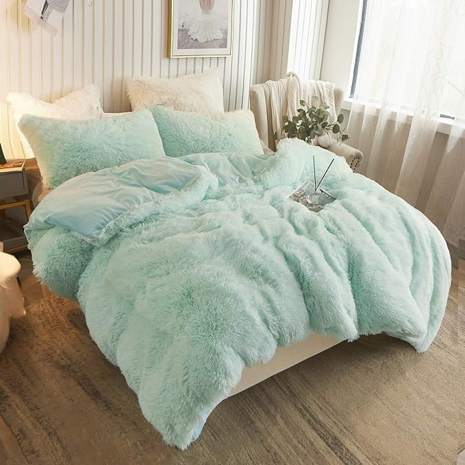 Plush Shaggy Duvet Cover Luxury Ultra Soft Crystal Velvet Bedding Set 1PC(1 Faux Fur Duvet Cover),Zipper Closure (Queen, Aqua Green)