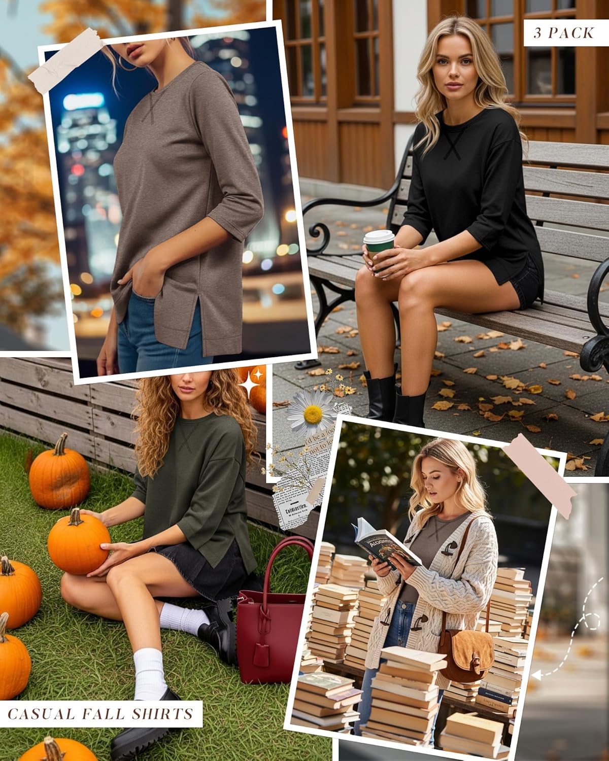 Huukeay 3 Pack 3/4 Length Sleeve Women's Tops Side Slit Tunic Loose Fit Round Neck Tee Shirt Ladies Casual Basic Fall Clothes - Image 4