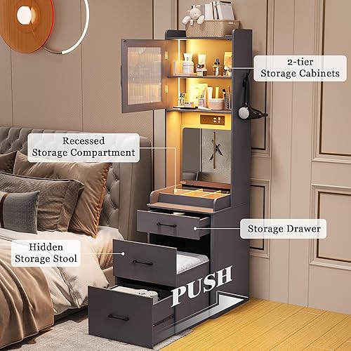 Miniatura 8 de Escritorio de tocador con espejo abatible y luces, tocador de maquillaje con estación de carga, juego de tocador LED con cajonestabureteorganizador