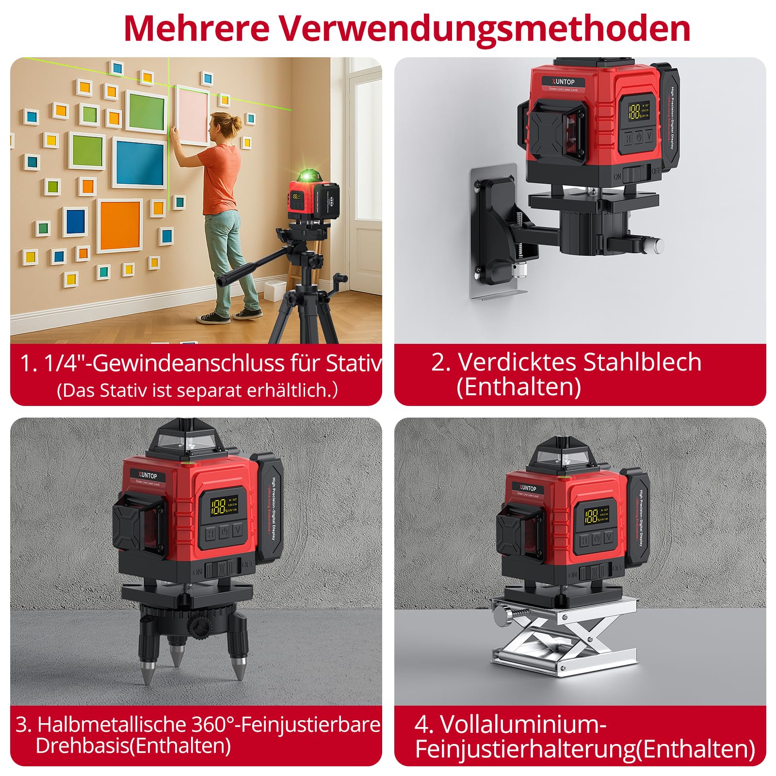 XUNTOP Laser Wasserwaage Selbstnivellierend Kreuzlinienlaser Grün Laser 16 Linienlaser 360° Projektionswinkel IP54 Horizontal/Vertikal Mit Fernbedienung und Wandhalterung für Baustelle Heimwerker