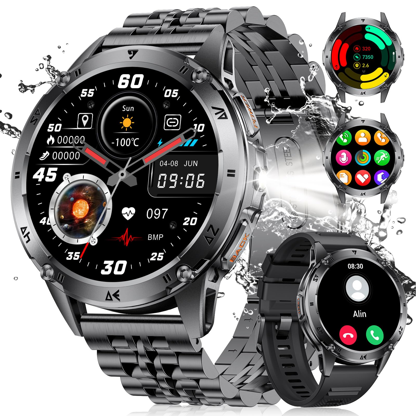 LIGE Smartwatch Uomo Militare, 1.43'' AMOLED Orologio Smartwatch Uomo con Torcia LED, 530mAh, IP68 Impermeabile, 120+ Modalità Sportive, Cardiofrequenzimetro Sonno Contapassi per Android iOS