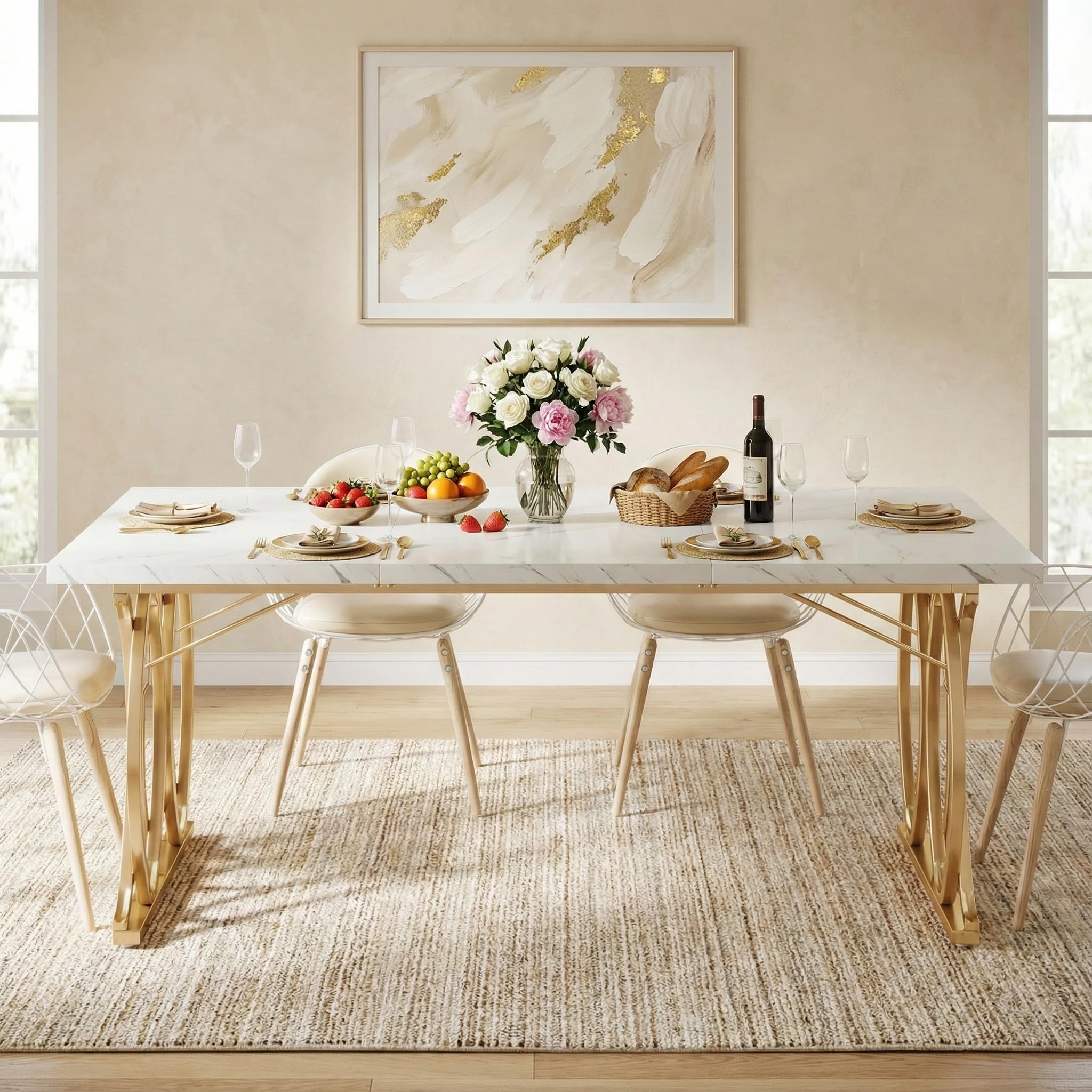 Lailang 160cm Tavolo da Pranzo, Mobili Soggiorno, Angolo Caffe Cucina, Tavolo Effetto Marmo, Tavolo Ufficio Riunioni, 160 x 80 x 75 cm, Bianco e Oro