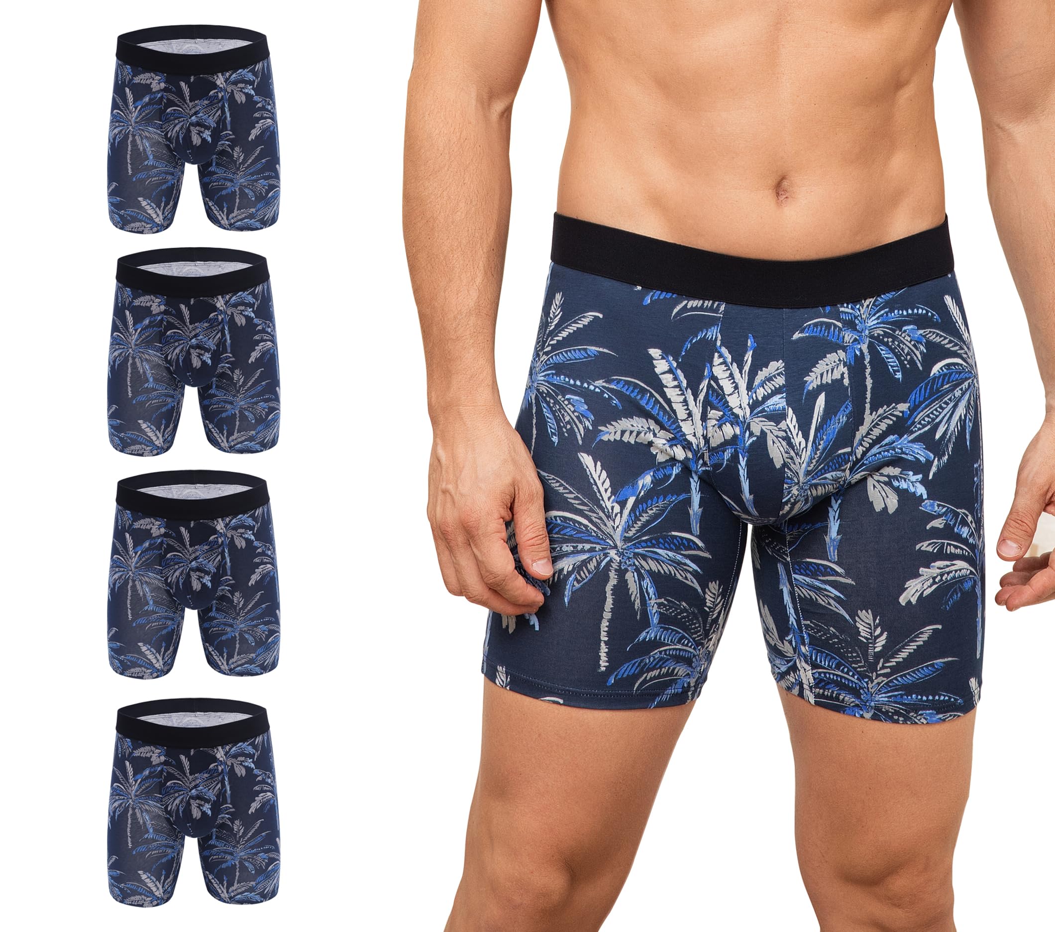 ZLYC Herren Lange Bein Baumwolle Boxershorts Unterwäsche, 3/4 Pack(Palme Marineblau),XL