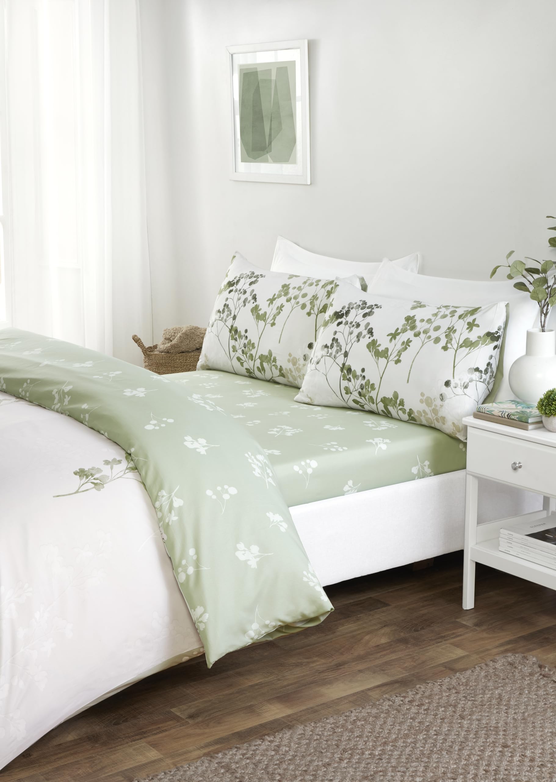 Rapport Home Fern - Set Biancheria Letto Matrimoniale Microfibra, Stampa Foglie Bianche E Grigie, Reversibile