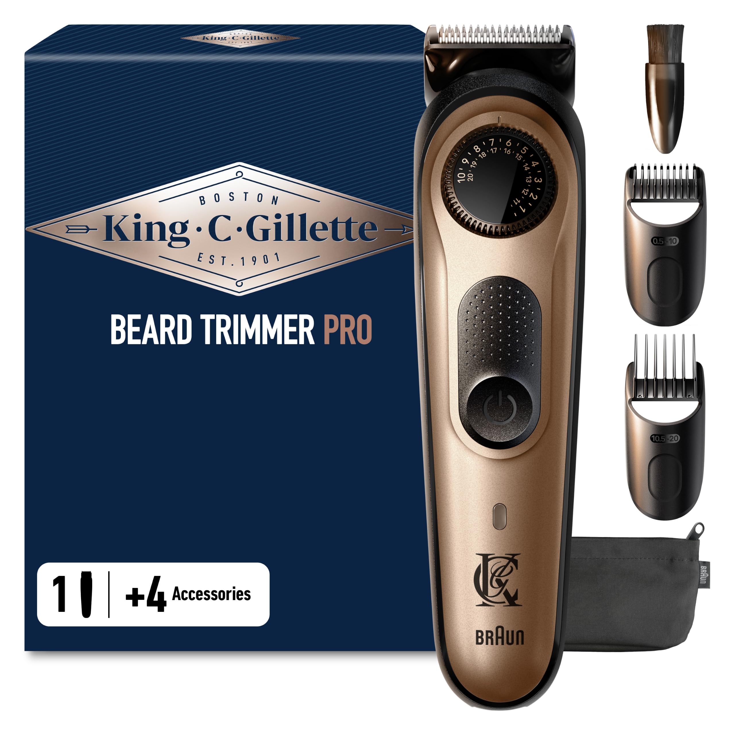 King C. Gillette Barttrimmer Pro, Bartschneider Herren, Kupfer | Trimmer mit Präzisionsrad, Kabelloser Bart Rasierer, Inkl. Reinigungsbürste, 3 Auswechselbare Kammaufsätze Und Ladegerät