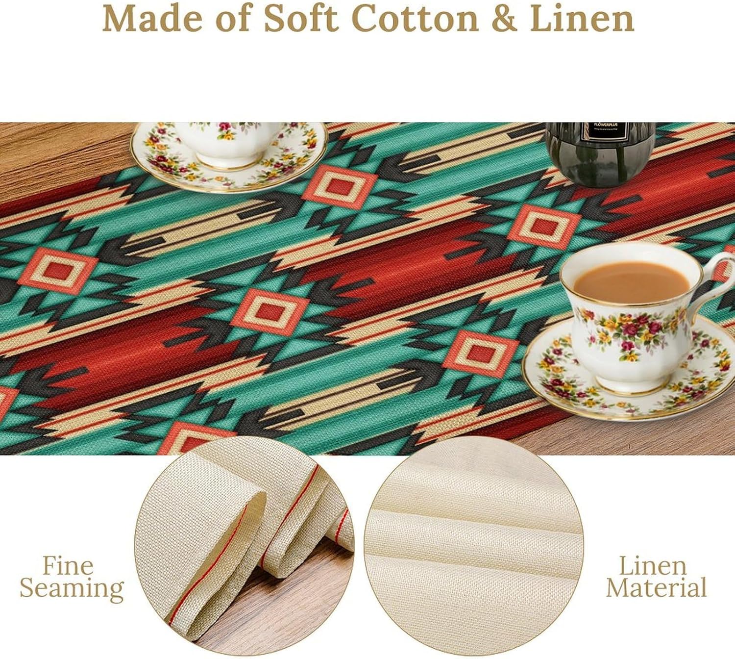 Navajo Western Table Runner, Colorful Watercolor Green Red Southwestern American Ethnic Aztec Print Table Runner for Farmhouse Kitchen Dining Table Decor, 13x120inch