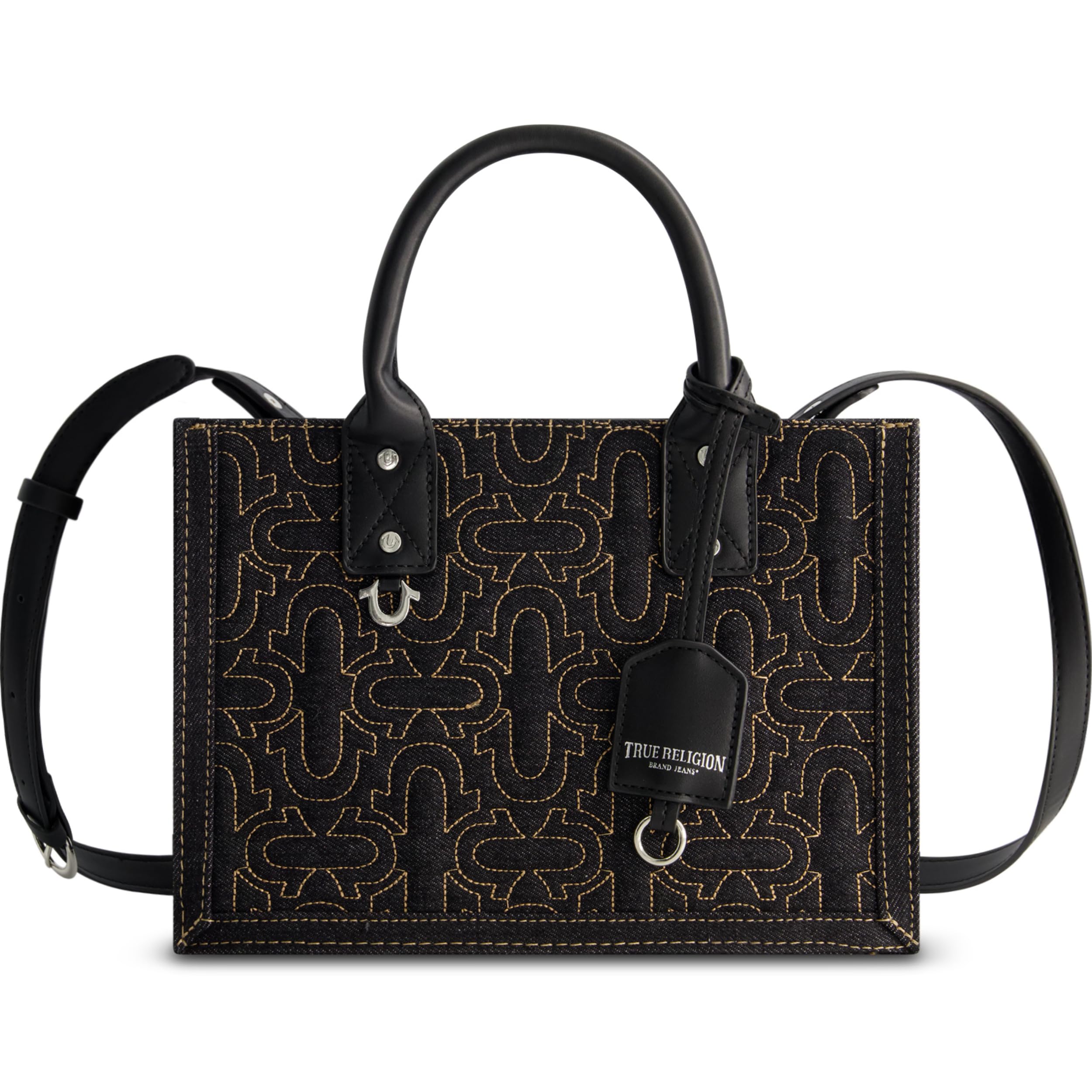 True Religion Women's Tote Bag, Quilted Horseshoe Travel Shoulder Handbag with Adjustable Crossbody Strap