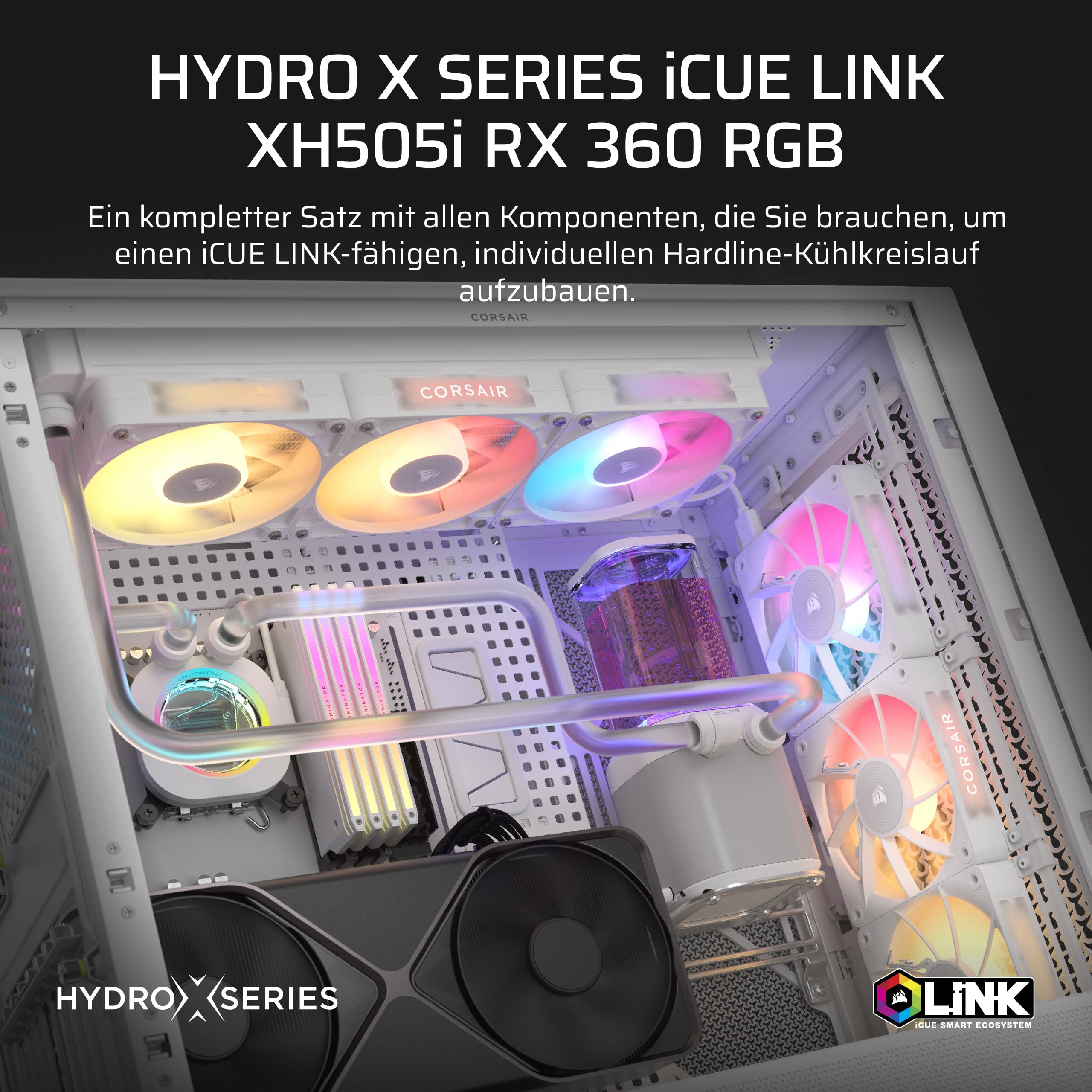 CORSAIR iCUE LINK XH505i RX 360 RGB Individuelles Kühlungs-Kit – XC7 ELITE CPU-Wasserblock, XD6 ELITE-Pumpenreservoir, 3x RX120 RGB-Lüfter, XR5 360-mm-Radiator, iCUE LINK-Systemhub - Weiß