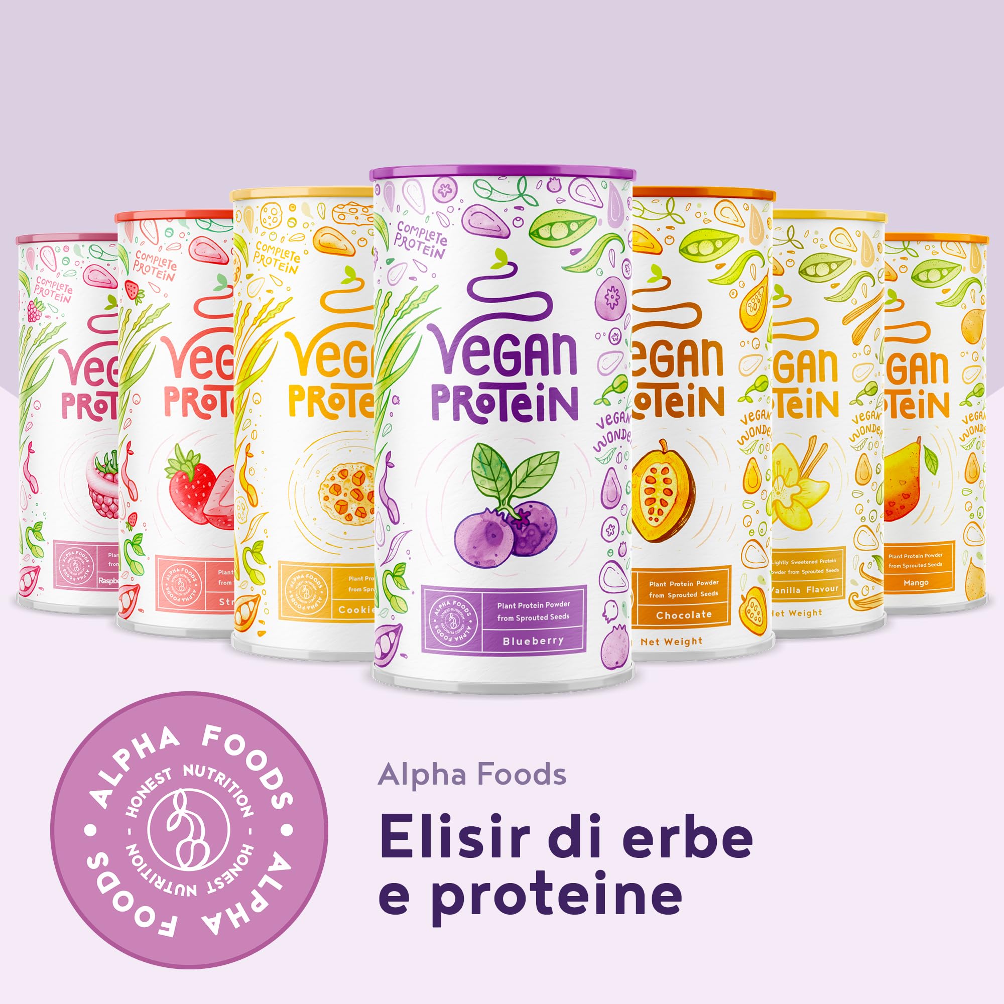 Proteine in Polvere Vegane | Gusto Mirtillo | 17g Proteine | Proteine Vegetali Isolate in Polvere di Pisello, Riso e Girasole | Massa Muscolare | 600g Vegan Protein Powder | Alpha Foods