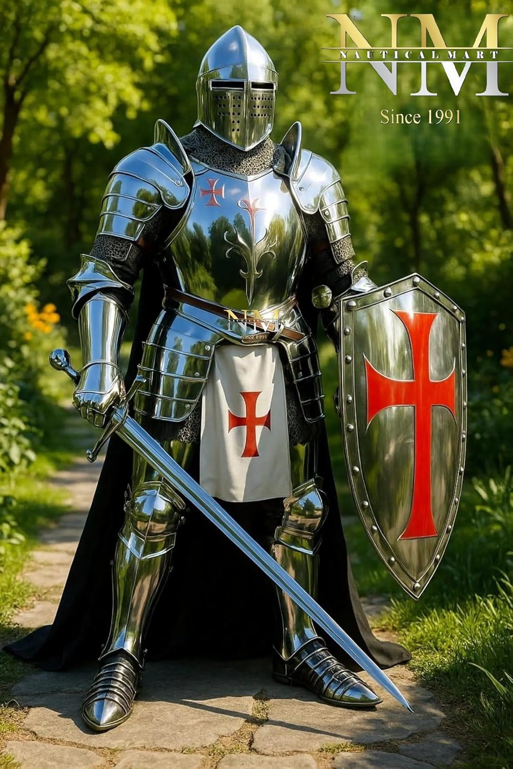 Medieval Knight Suit Of Armor- Wearable Crusader Full Body Plate Armor With Templar Shield | Polished Steel Armor | Perfect For Reenactment & Cosplay | Reenaissance, LARP, Halloween & Display Armor