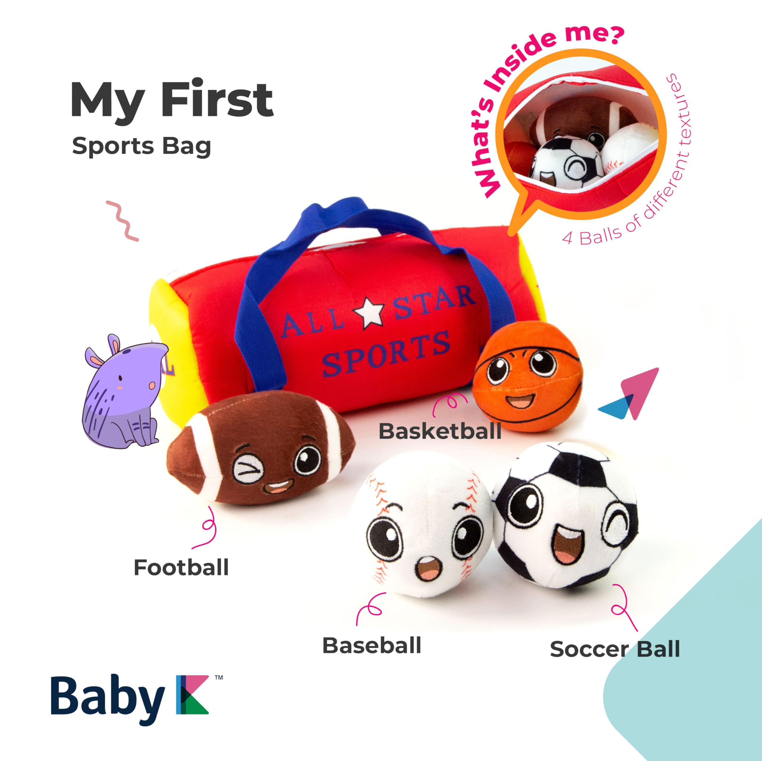 My First Sports Bag with 4 Plush Sports Balls - Rattle Balls for Baby with Soft Football, Basketball, Baseball, Tennis Ball & Soccer Ball for 1 Year Old Toys - Baby Toys for Toddler