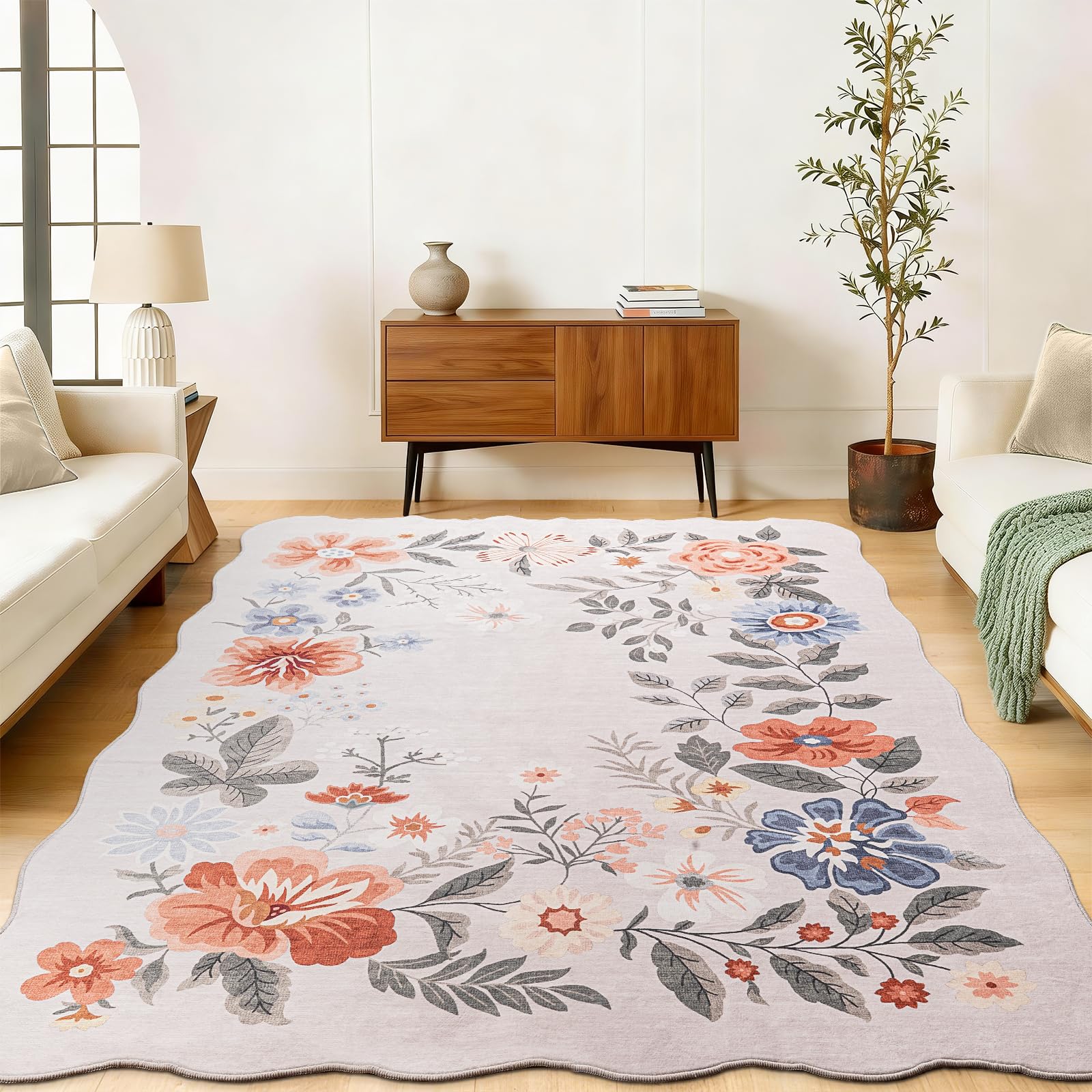 SOANNY Floral Living Room Rug, Boho Area Carpet, Soft Low Pile Washable Non Slip Stain Resistant Rugs for Bedroom Entryway ββββNursery Office Dining Room Office, 80x150 cm, Scalloped Cream