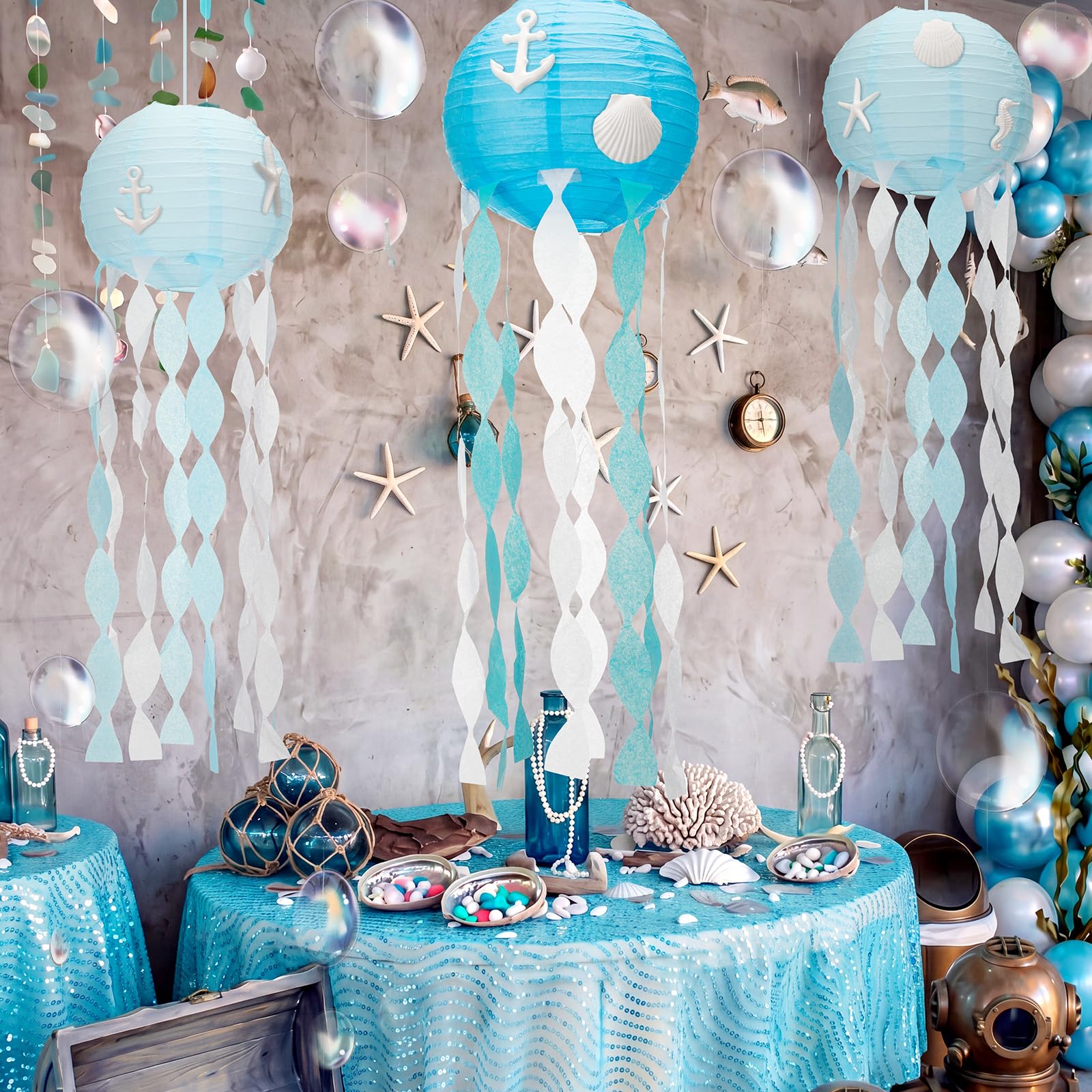 VioraWhite 21 piezas de decoración de fiesta de cumpleaños de playa oceánica, 6 linternas de papel de medusas colgantes de 9.8 pulgadas, 12 conchas de resina, 2 guirnaldas de burbujas para decoración