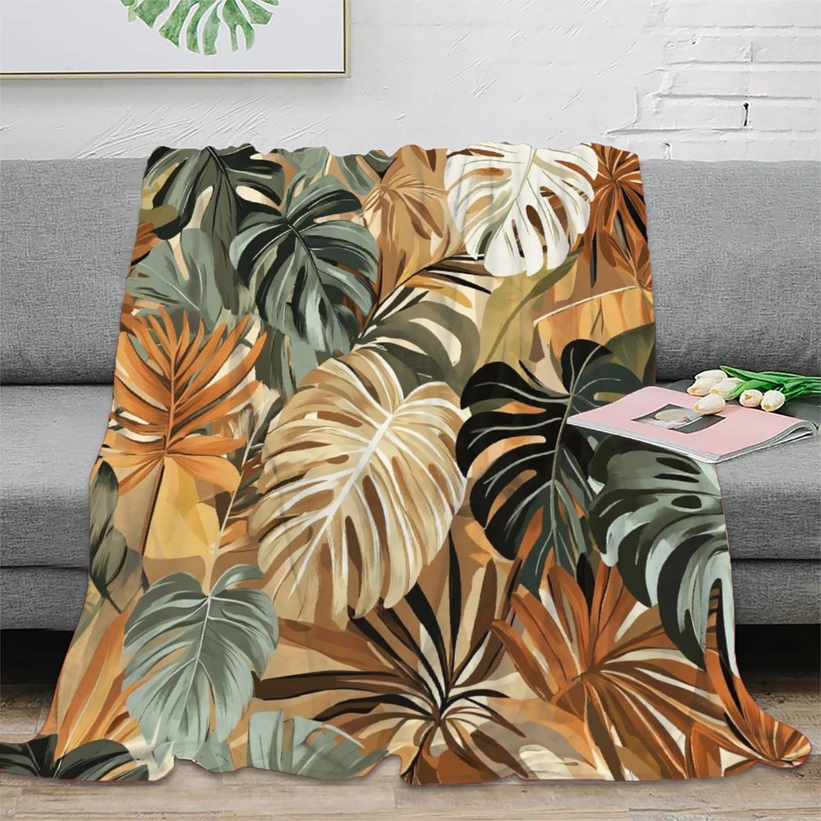 Couverture microfibre contre le froid plaid imprimé feuilles tropicales