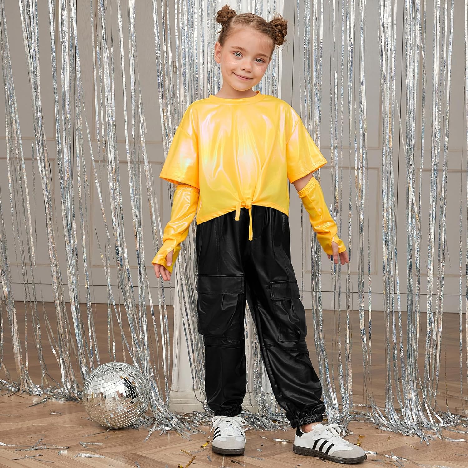 Perfashion Metallic Cargo Pants for Girls & Womens Hip Hop Dance Multi-Pocket Joggers High Waist Pants 6-15Y - Image 3