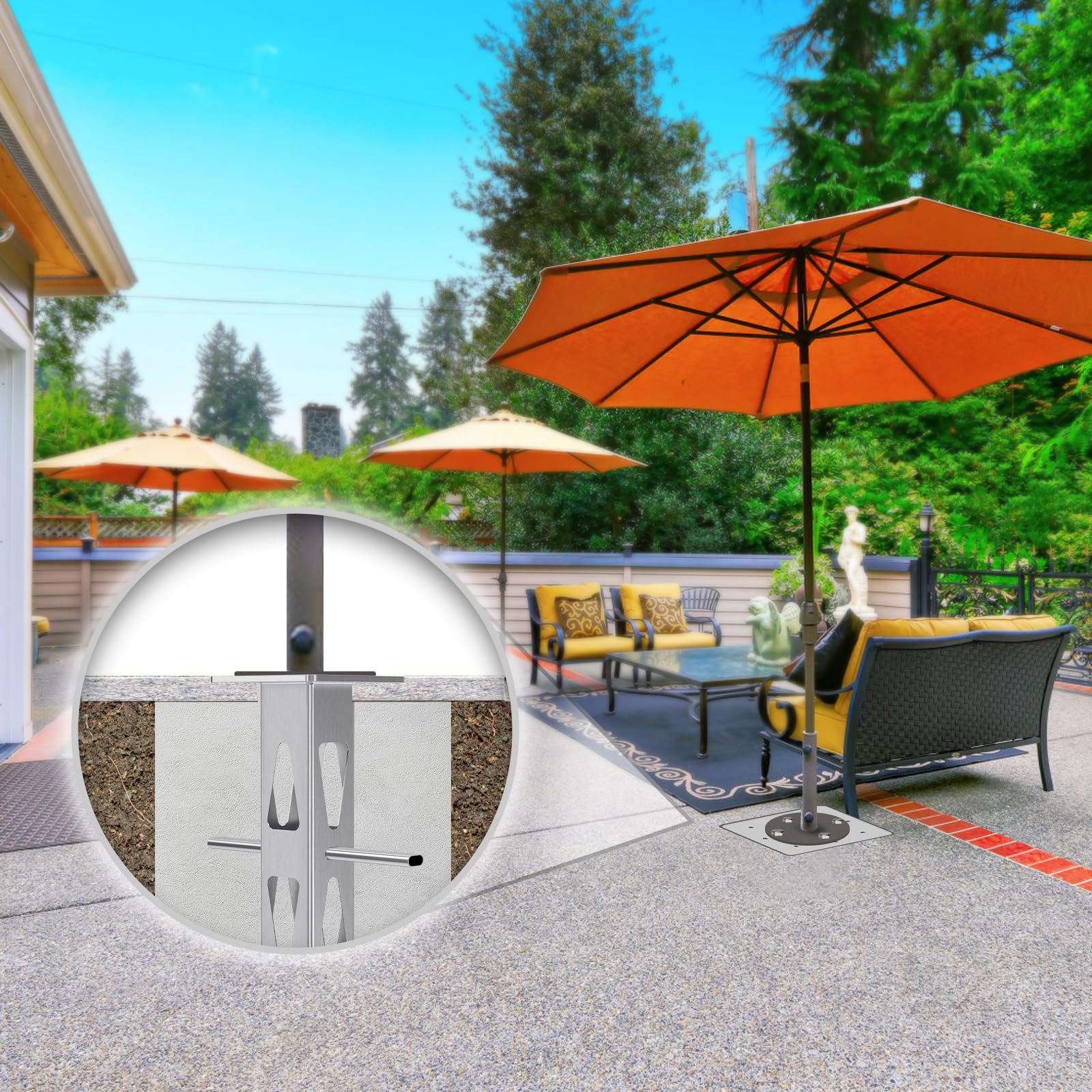 Dolibest Enterré Base de Parasol de Terrasse, Support Parasol Balcon Ancrage Universel pour Parasol Plaque de Fixation au Sol pour Poteau Cantilever Déporté avec 2Tubes pour Cour ou Balcon