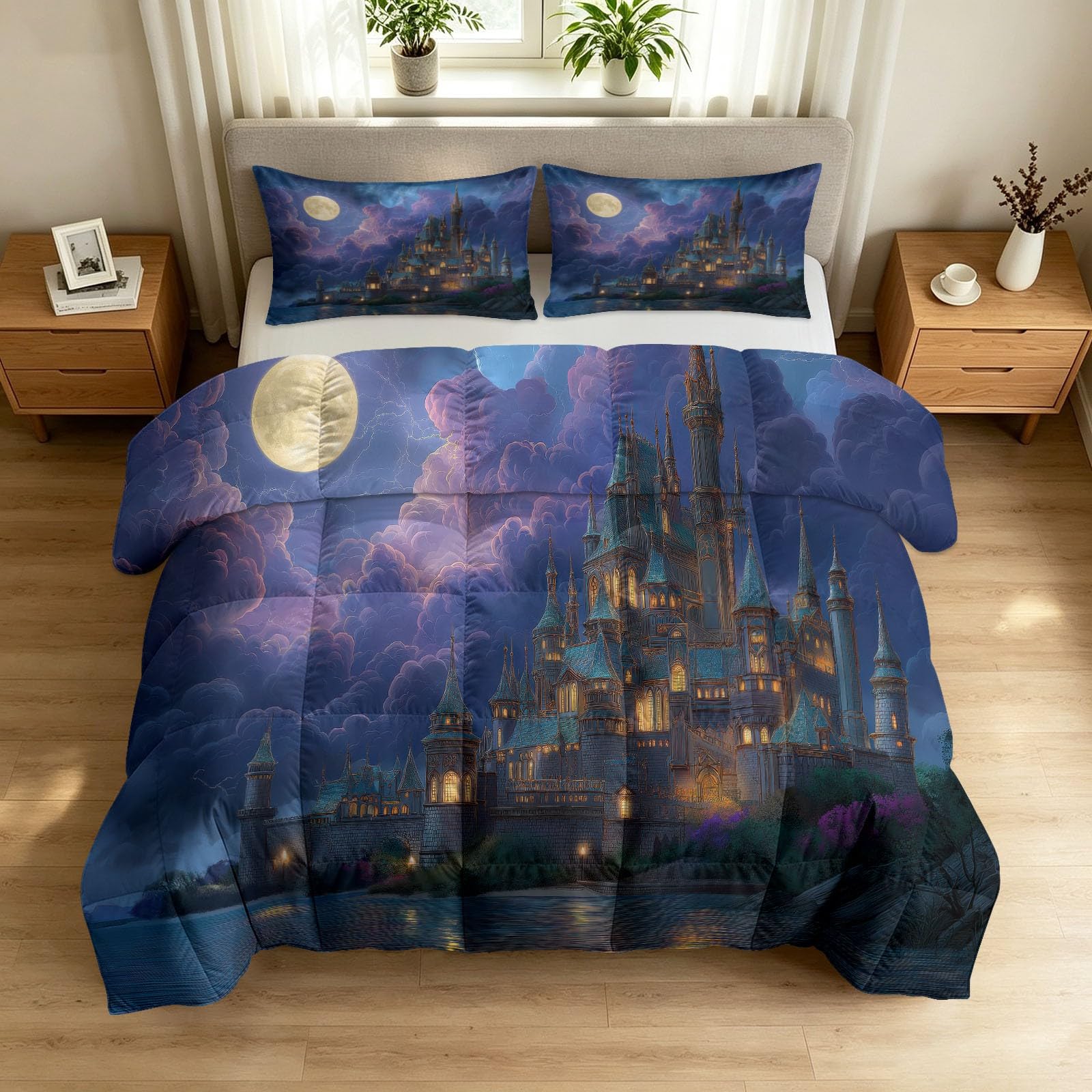 Bettdecke ohne Bezug 135x200 cm Blau Traditioneller Tattoo Stil Antiallergisch Leichtsteppbett & Ganzjahresdecke - Waschbar mit 2 Kissenbezügen Schloss Vollmond Blitz Weiche und Atmungsaktive Wende