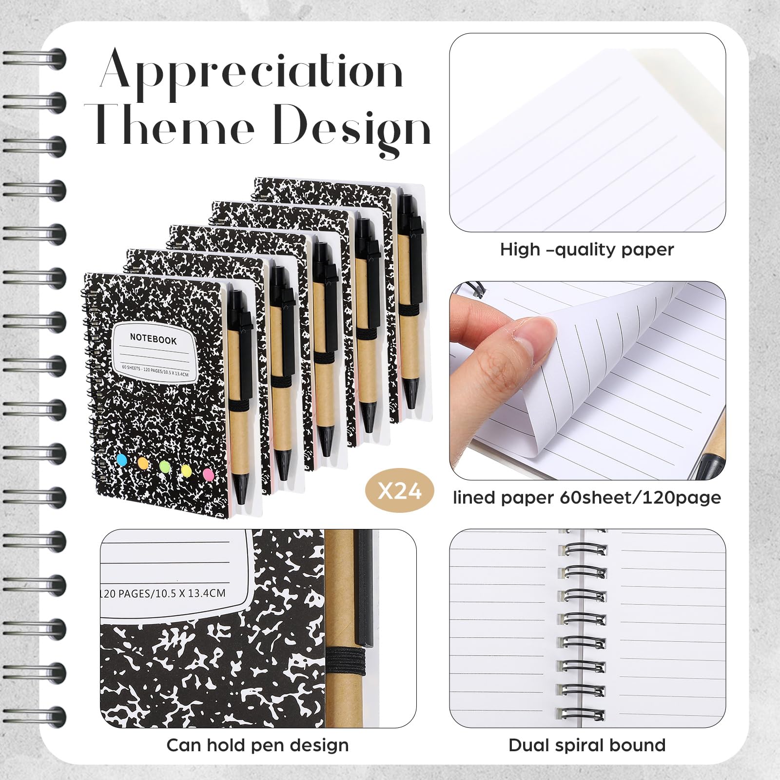Dunzoom 24 juegos de cuadernos en espiral a granel, bloc de notas rayado con bolígrafo, notas adhesivas, pestañas de índice de colores, cuaderno de bolsillo de 5.2 x 4.1 pulgadas para suministros de