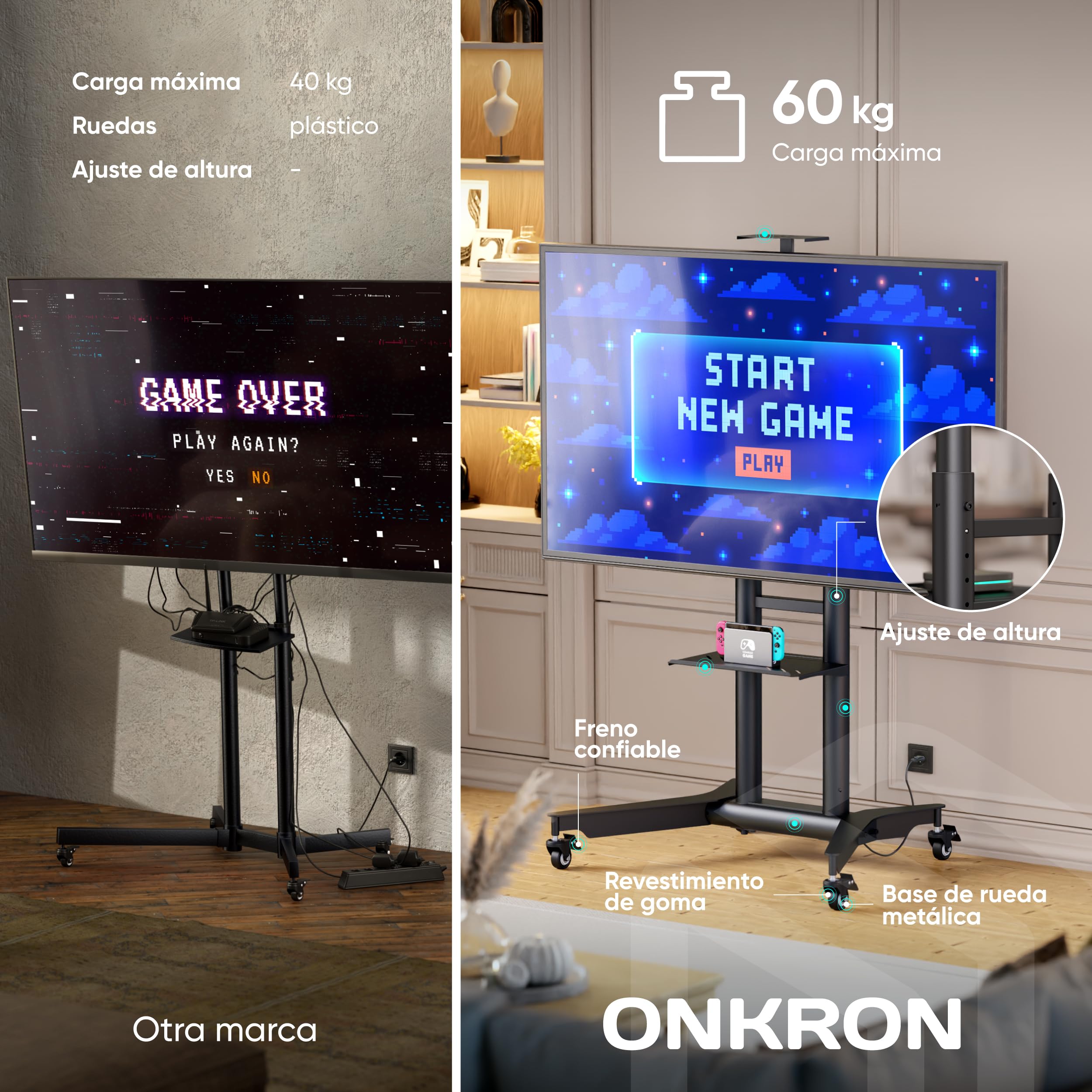 ONKRON Soporte TV Ruedas 32" - 75", 50 kg, máx VESA 600x400, TS1571-B | Carro para TV negro, altura 1065-1415 mm, estantes AV, bandeja cámara, ruedas con bloqueo; para aulas y reuniones móviles